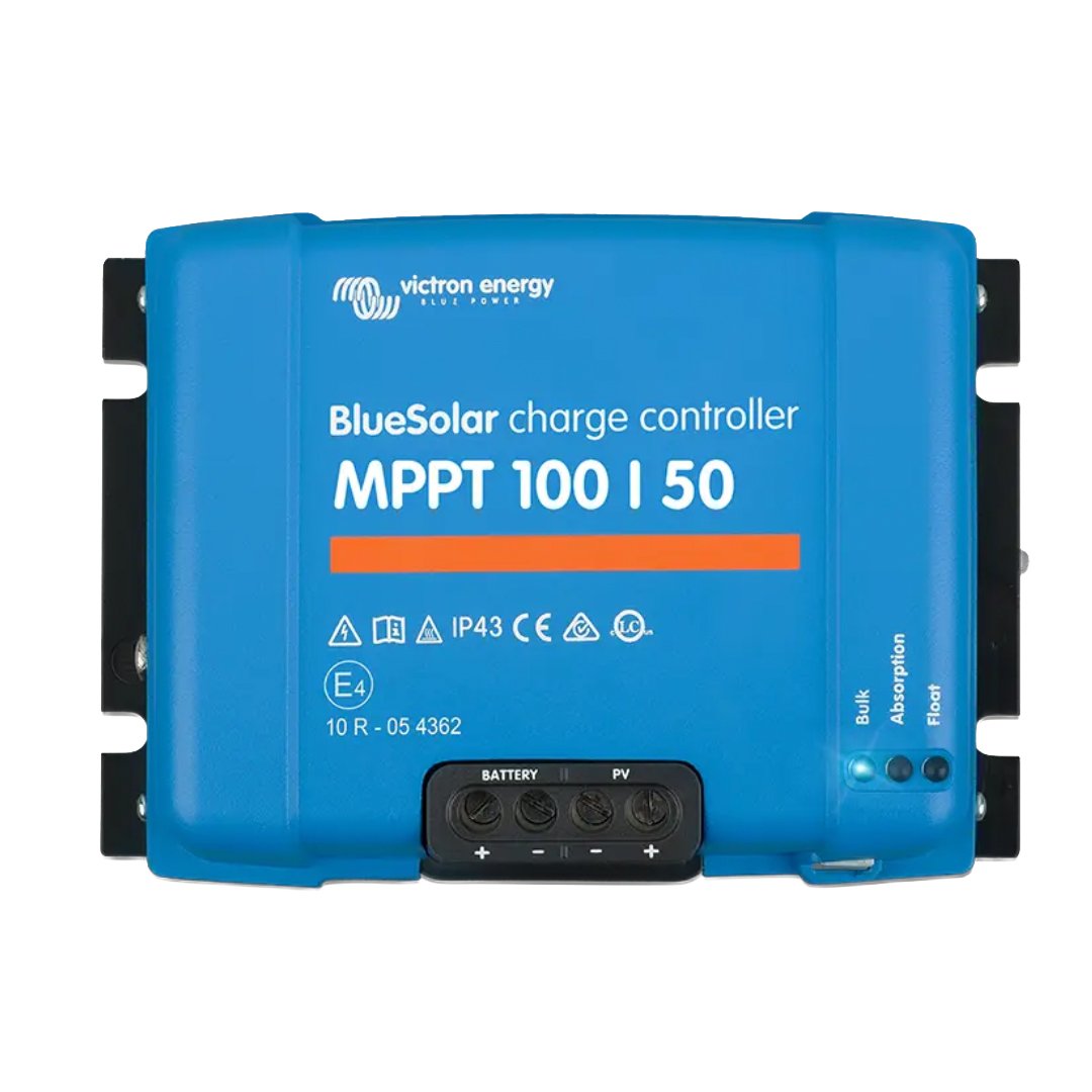 Blue solar charge controller with labels and connection terminals