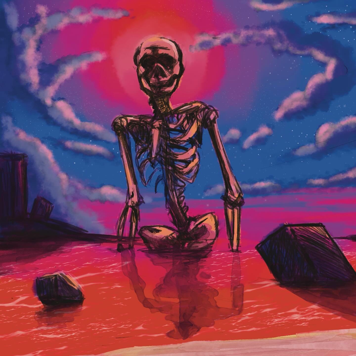 Apocalypse. 8-25 18&rdquo;x10&rdquo; (1 thru 3 are detail shots left to right, 4 is full shot of whole piece.) 
The Red Sea at the end of Neon Genesis is something I wanted to bring in on a painting. I also have a thing for giant skeletons. 

#digita