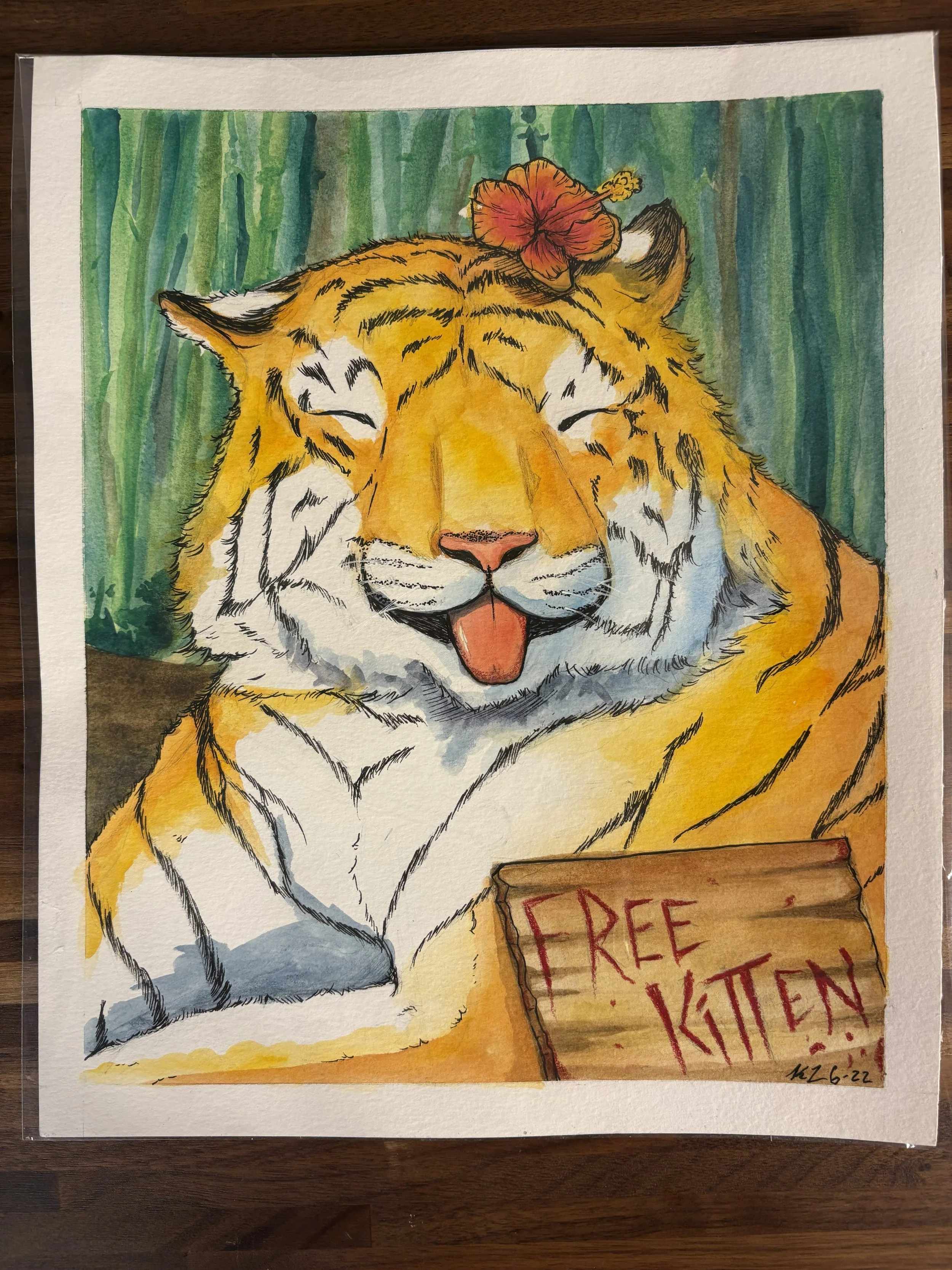 "Free Kitten" Original Watercolor Wildlife Painting of a Tiger