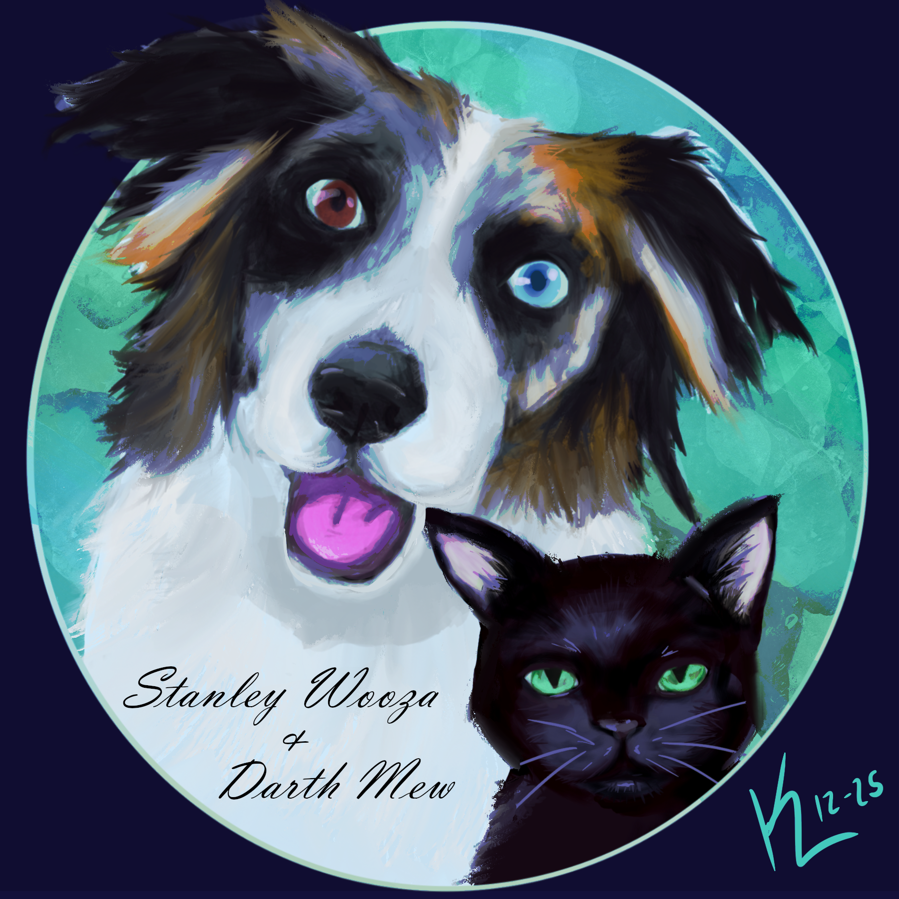 Digital illustration of a dog with one blue eye and one brown eye, and a black cat with green eyes, both inside a circular frame with a green and blue background. The dog has a white face with black and brown patches, and the cat has a black coat. The text on the image reads 'Stanley Wooza & Darth Mew' with a signature 'K 12-25' in the bottom right corner.