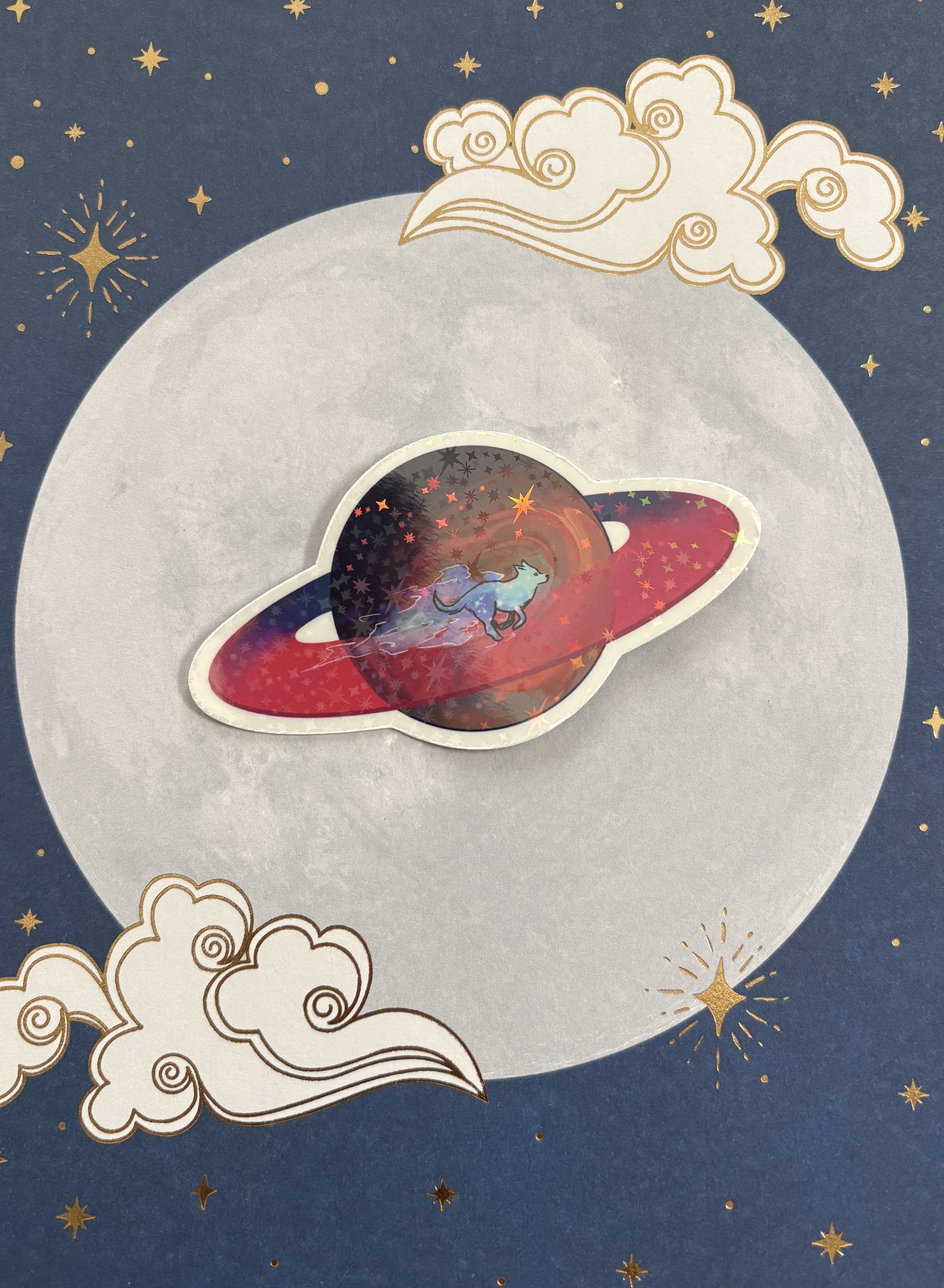 Holographic Space Saturn Dog Running Vinyl Sticker