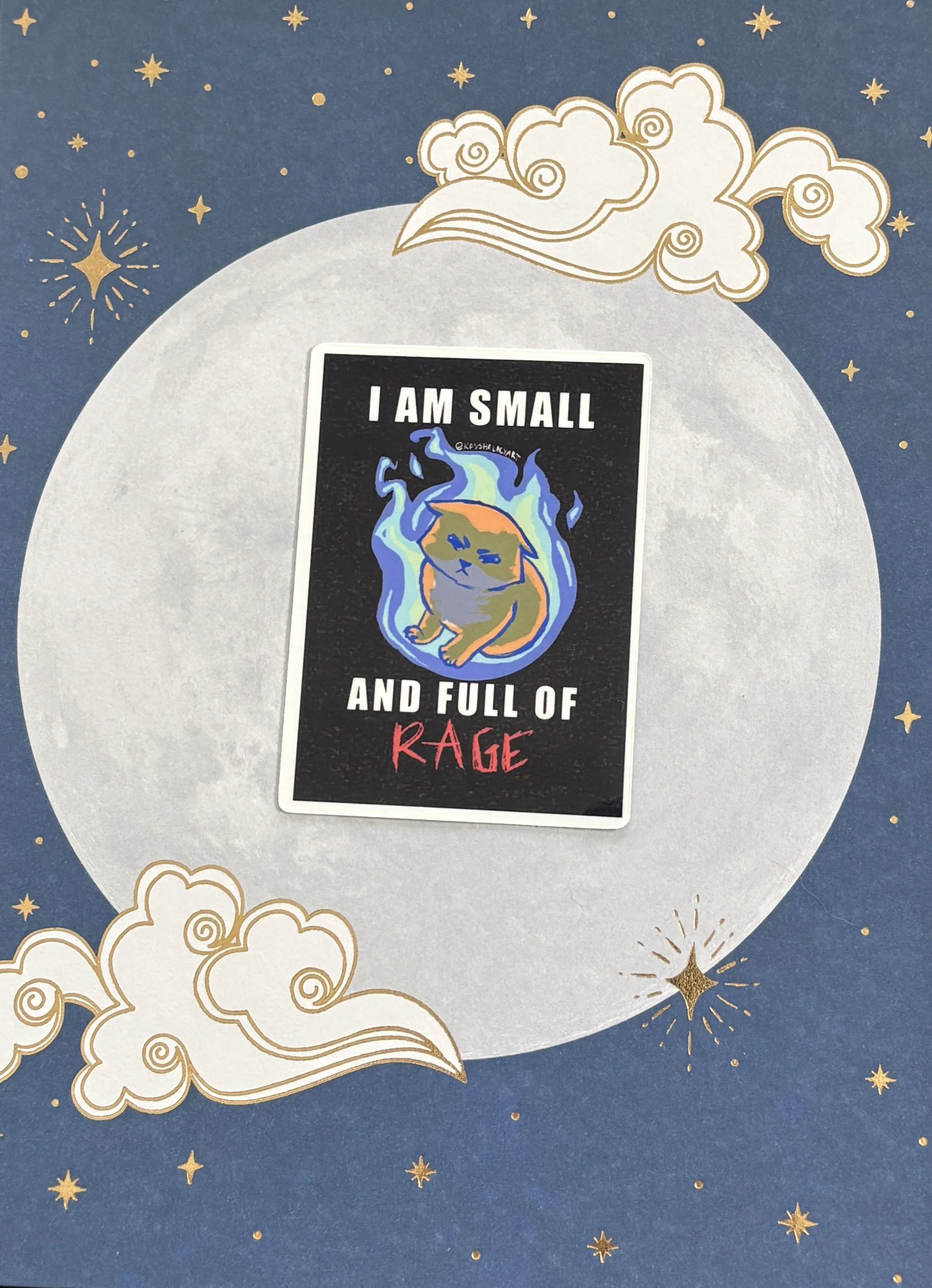 "I Am Small and Full of Rage" Medium Vinyl Sticker of an Angry Orange Cat on Fire
