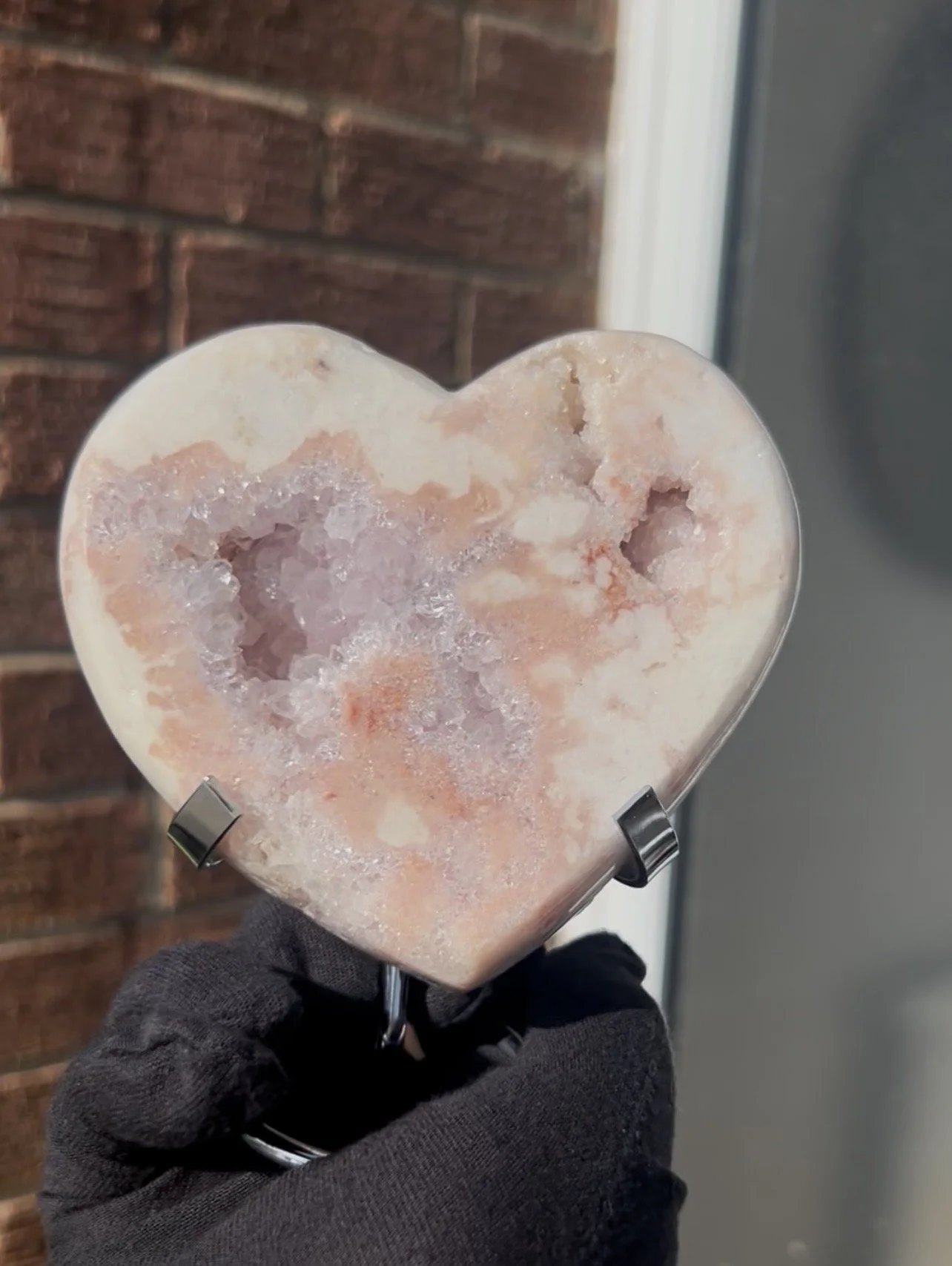 Pink amethyst heart with silver stand