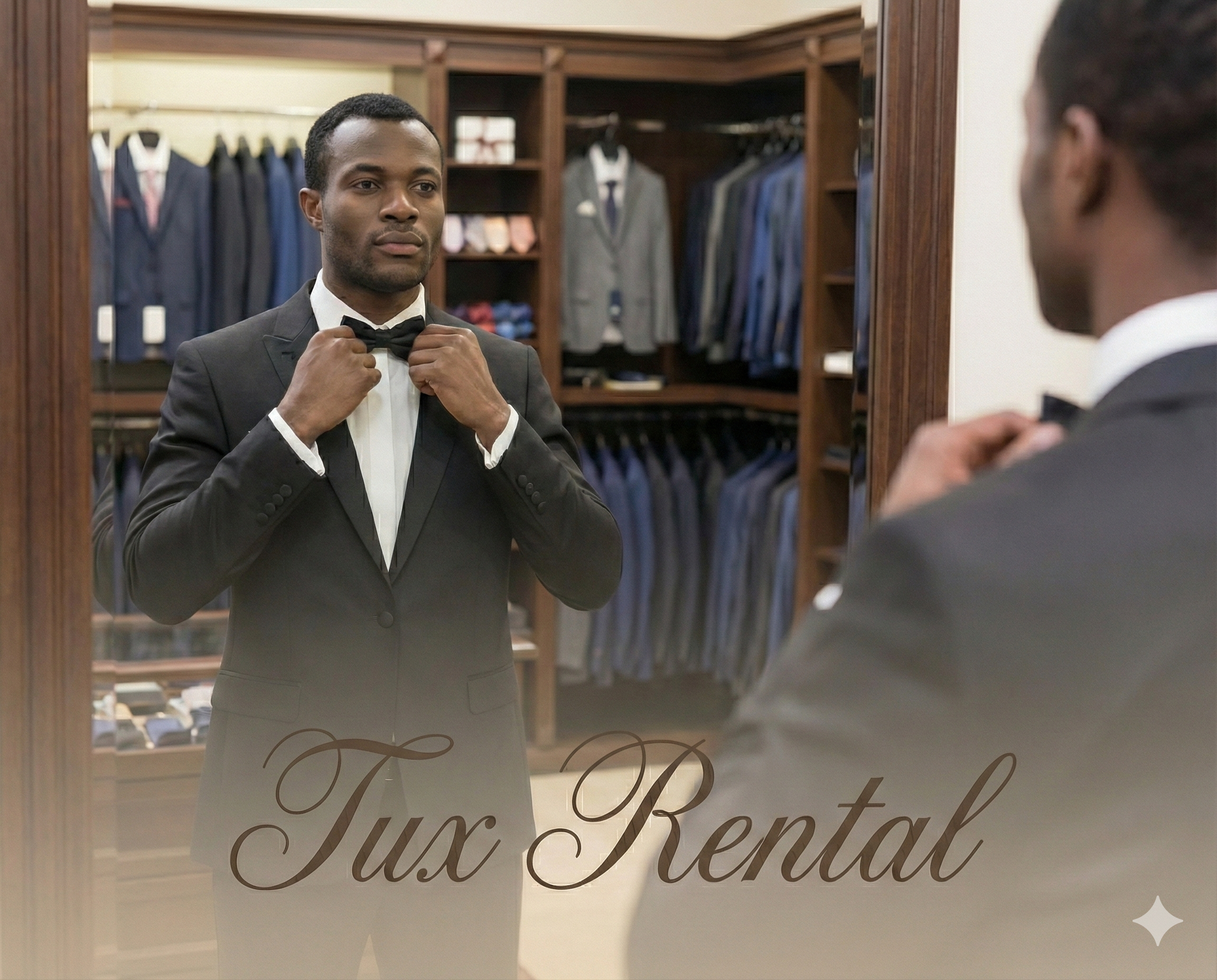 Groom adjusting his bowtie while wearing a classic black tuxedo, signifying men's formal wear and tuxedo rentals in [Your City/Region], with text overlay reading Tux Rental.
