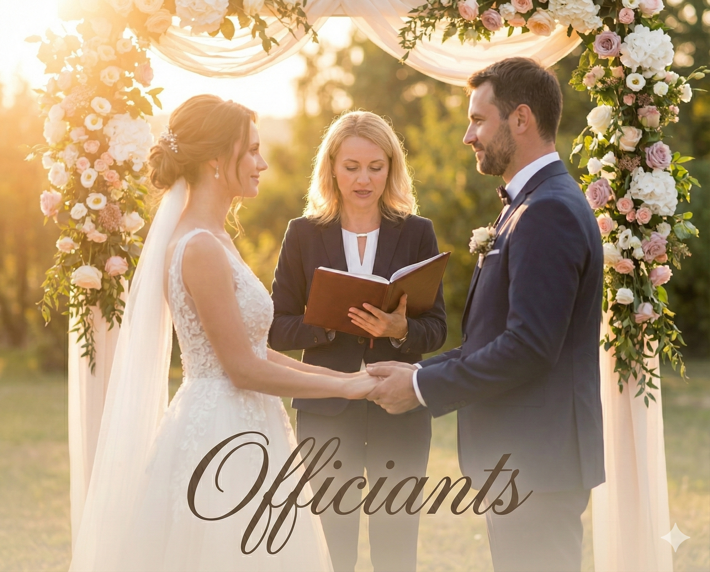 Wedding officiant leading a ceremony for a bride and groom under a floral archway outdoors, representing professional wedding celebrants and ministers in Kentucky, with text overlay reading Officiants