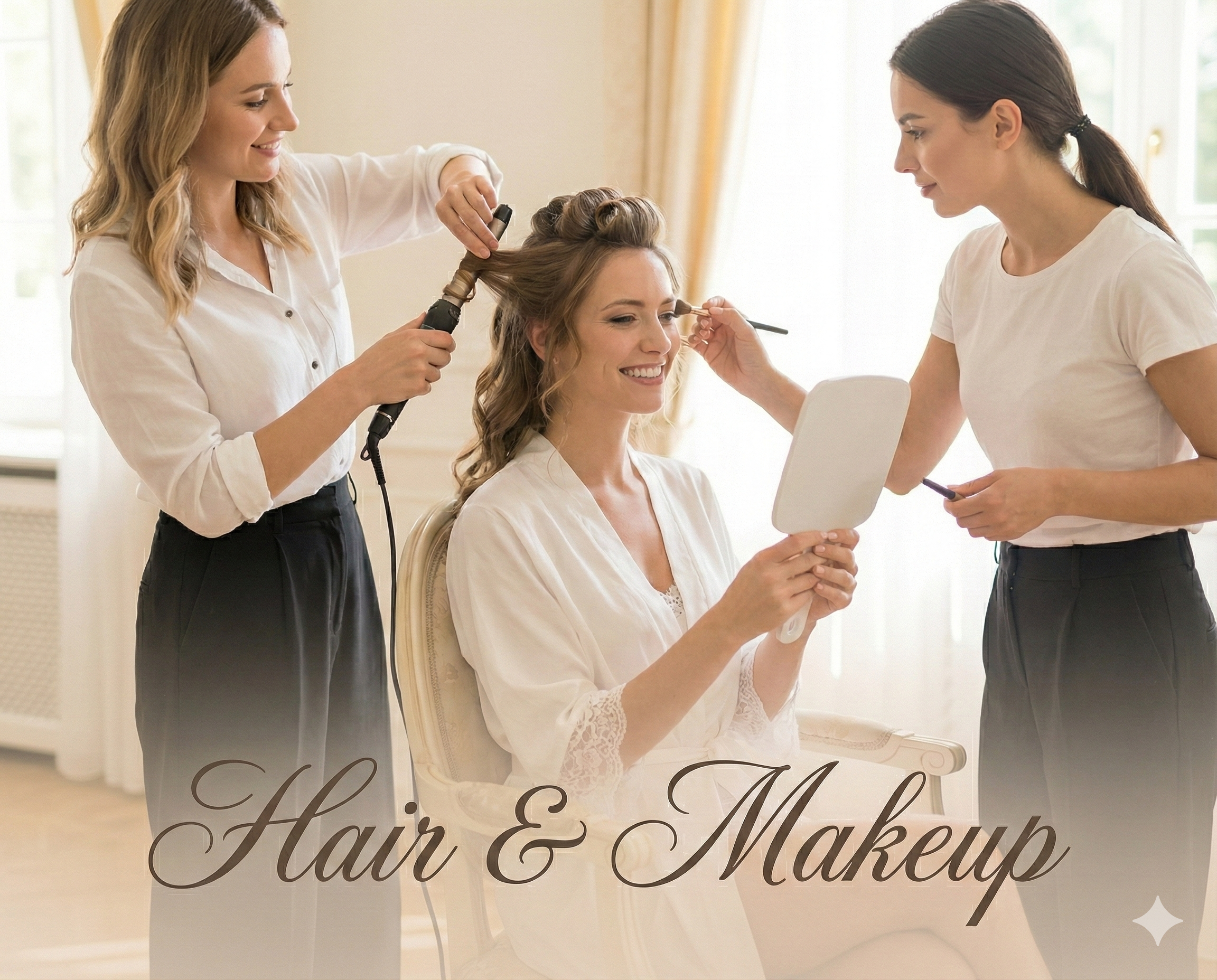 Bride receiving bridal beauty styling, representing professional on-site wedding hair and makeup artists in [Your City/Region], with text overlay reading Hair & Makeup.
