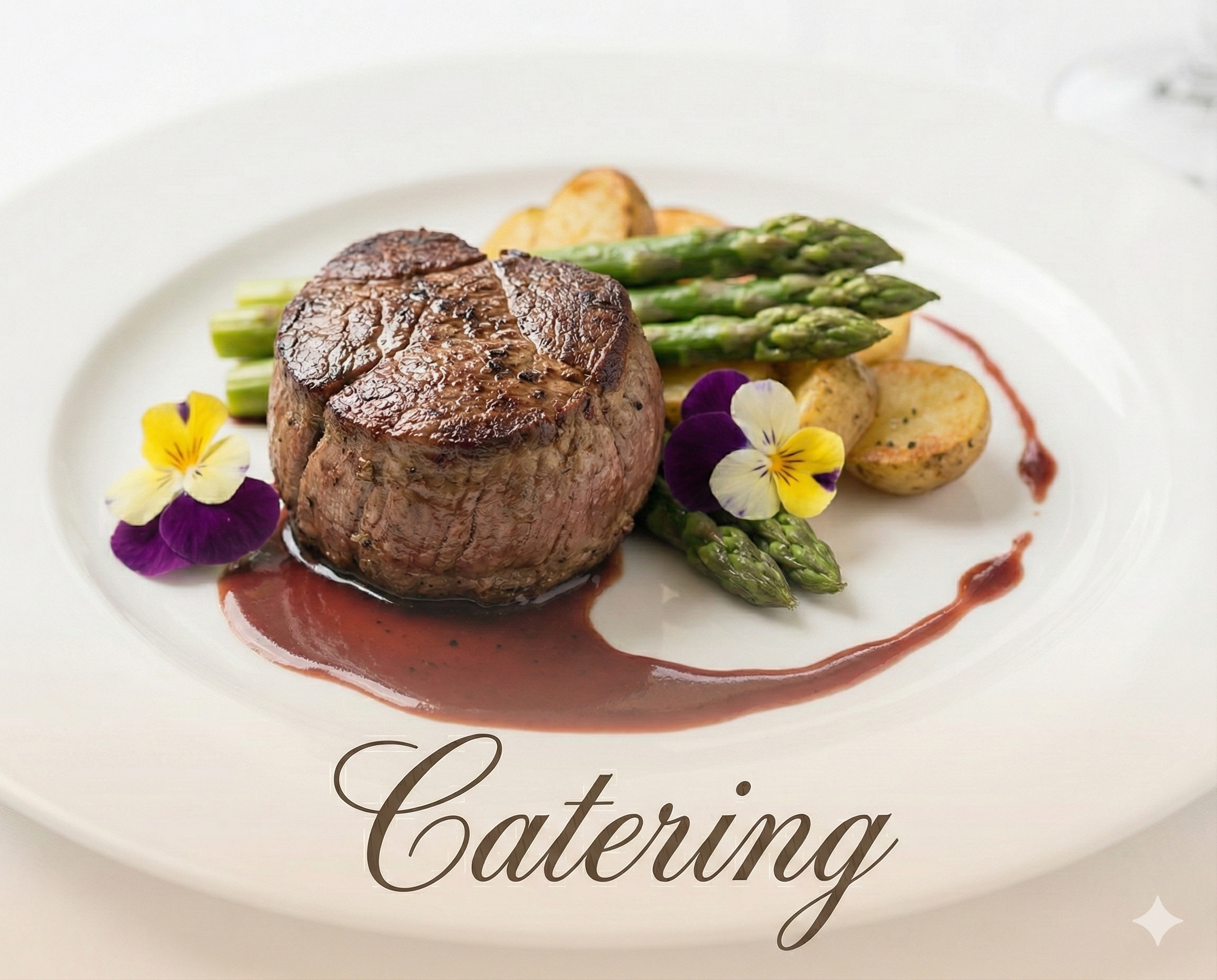 Elegant wedding catering display featuring plated dishes and appetizers, representing top-rated wedding food and dining services in [Your City/Region], with text overlay reading Catering.