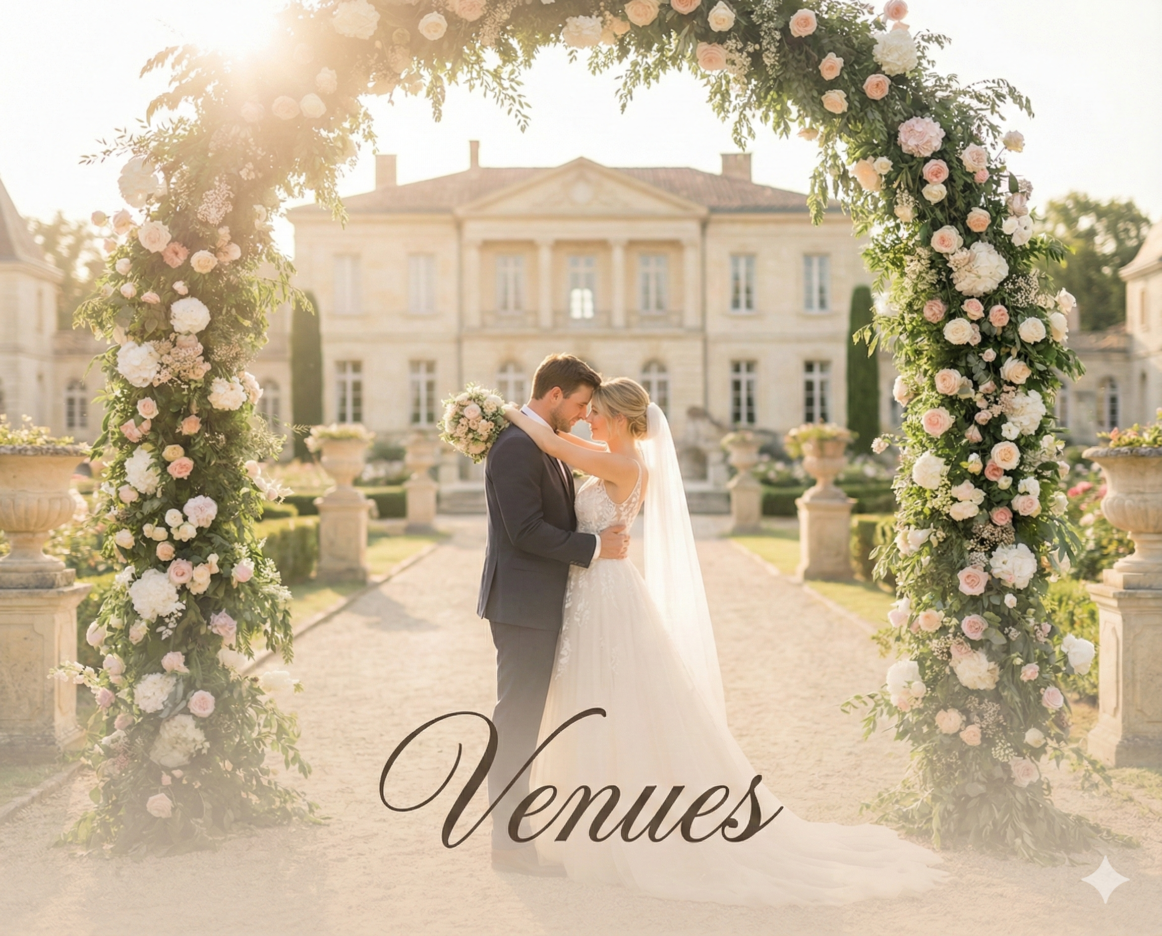 Bride and groom embracing under a floral archway in front of a luxury wedding venue estate in Kentucky, with text overlay reading Venues.
