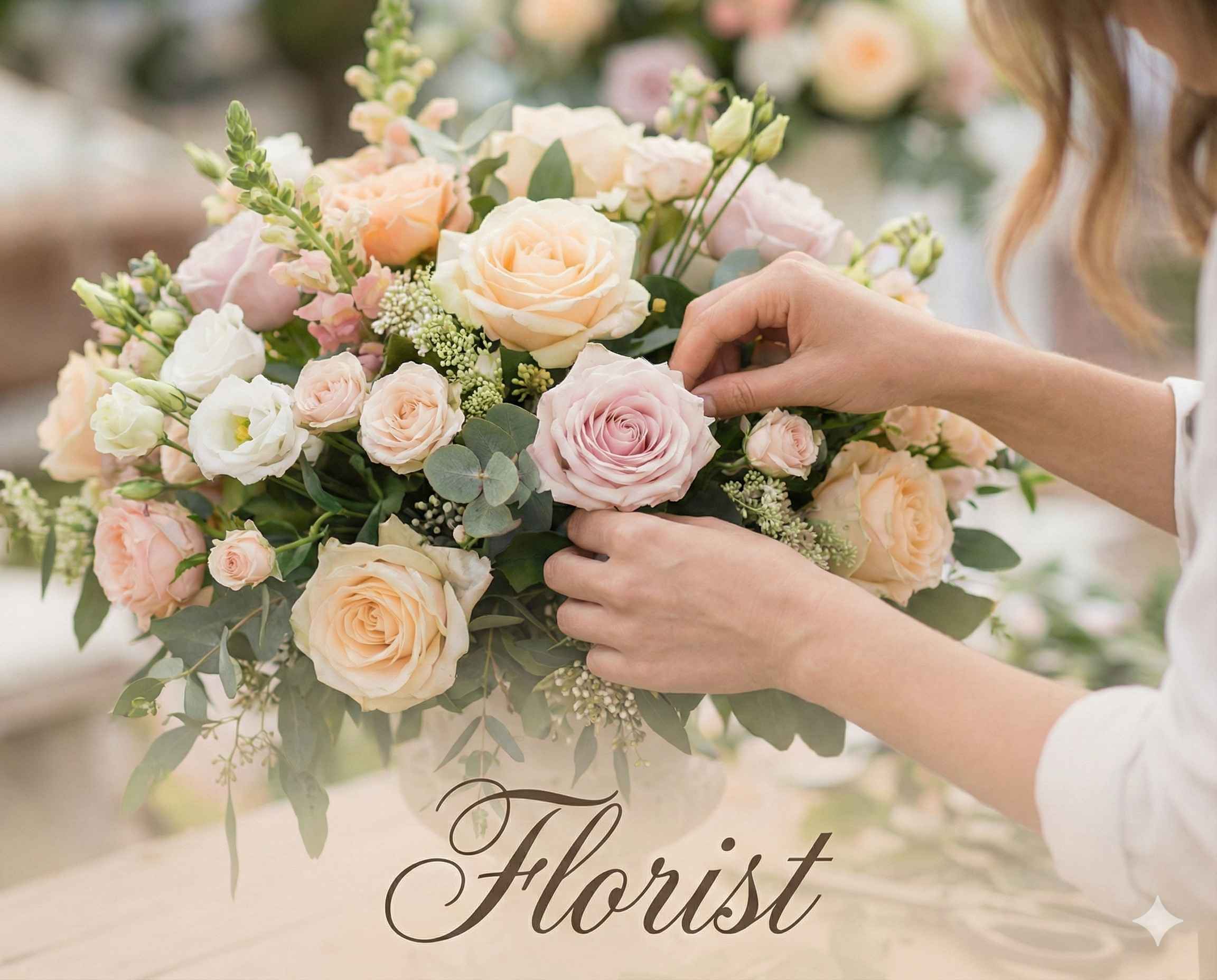Close up of a florist arranging pastel roses and greenery for a bridal bouquet, representing expert wedding floral design in [Your City/Region], with text overlay reading Florist.