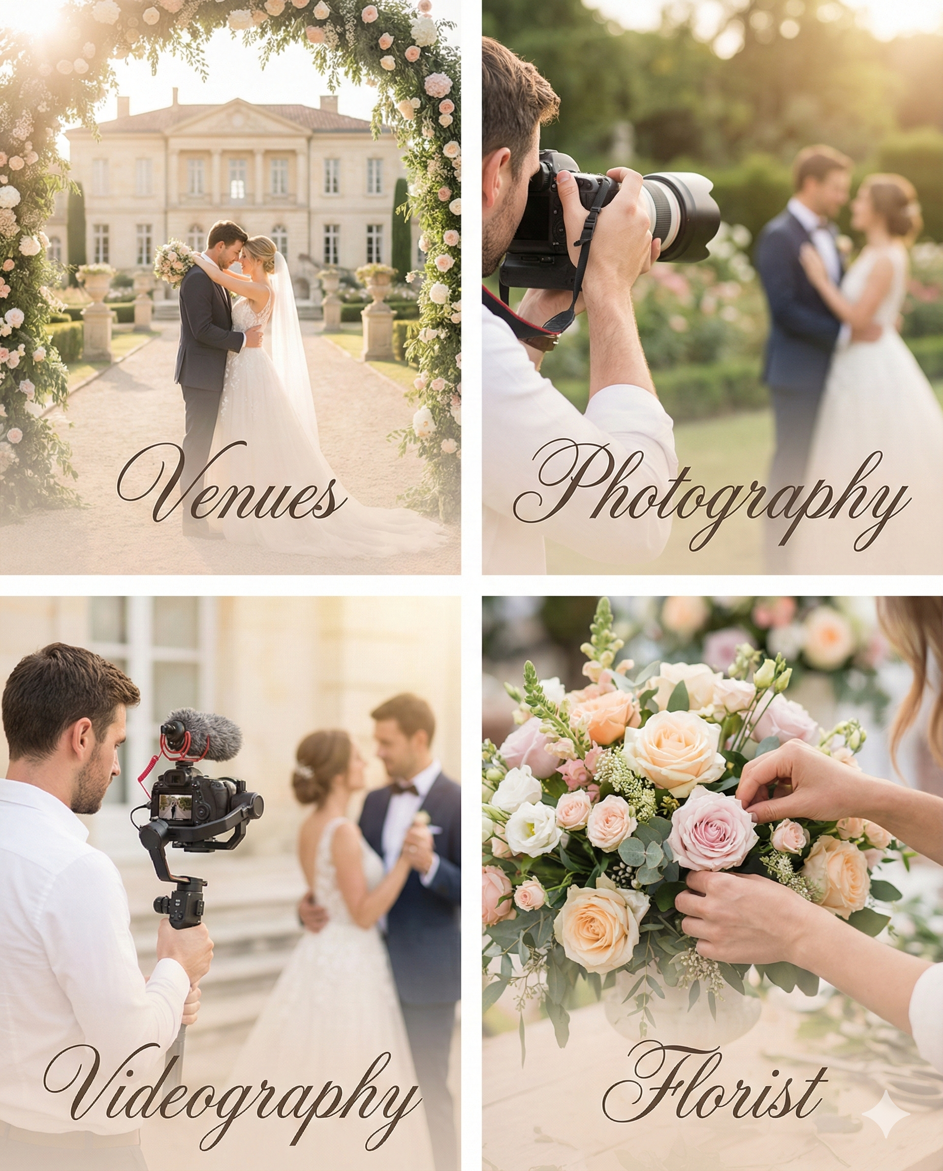 An image showing the venues, photography, videography, and floral options on KYWedding.com