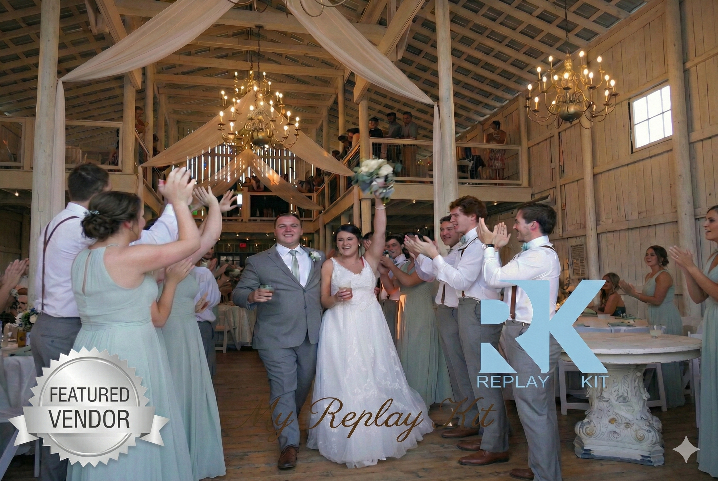 Bride and groom celebrating with wedding party in a rustic wooden venue, with guests clapping and a bouquet in the air.