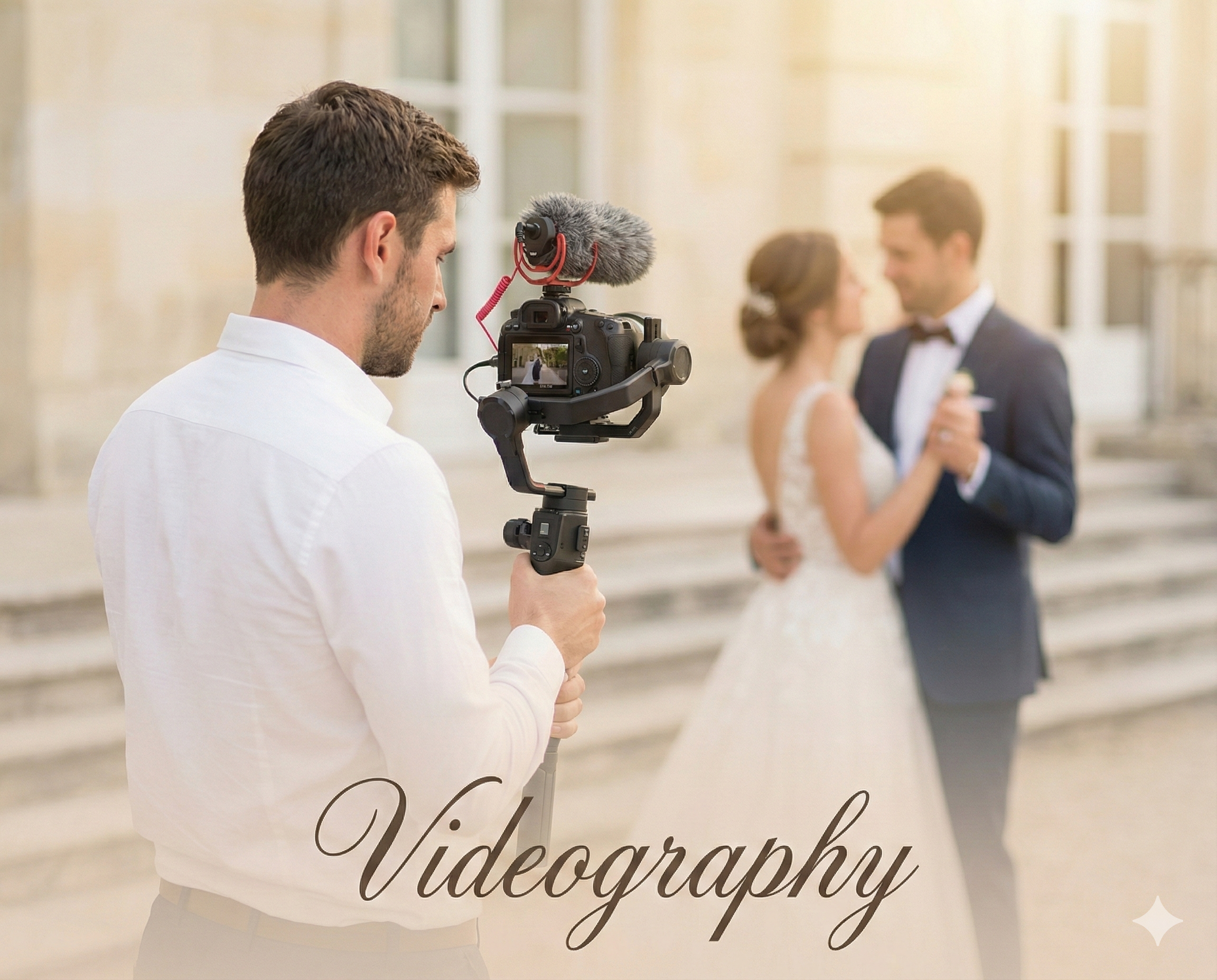 Wedding videographer using a gimbal stabilizer to film a bride and groom dancing, signifying cinematic wedding videography in [Your City/Region], with text overlay reading Videography.