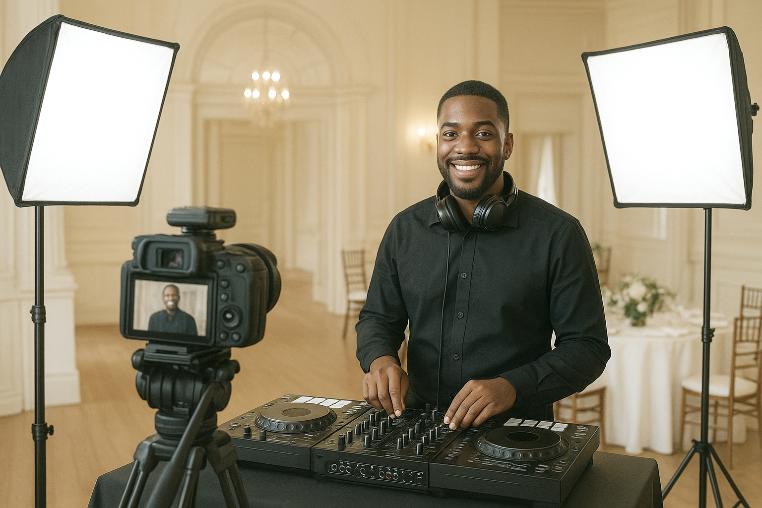 Wedding DJ standing behind professional DJ equipment during a filmed interview inside a Kentucky wedding venue, with visible studio lighting and a professional camera