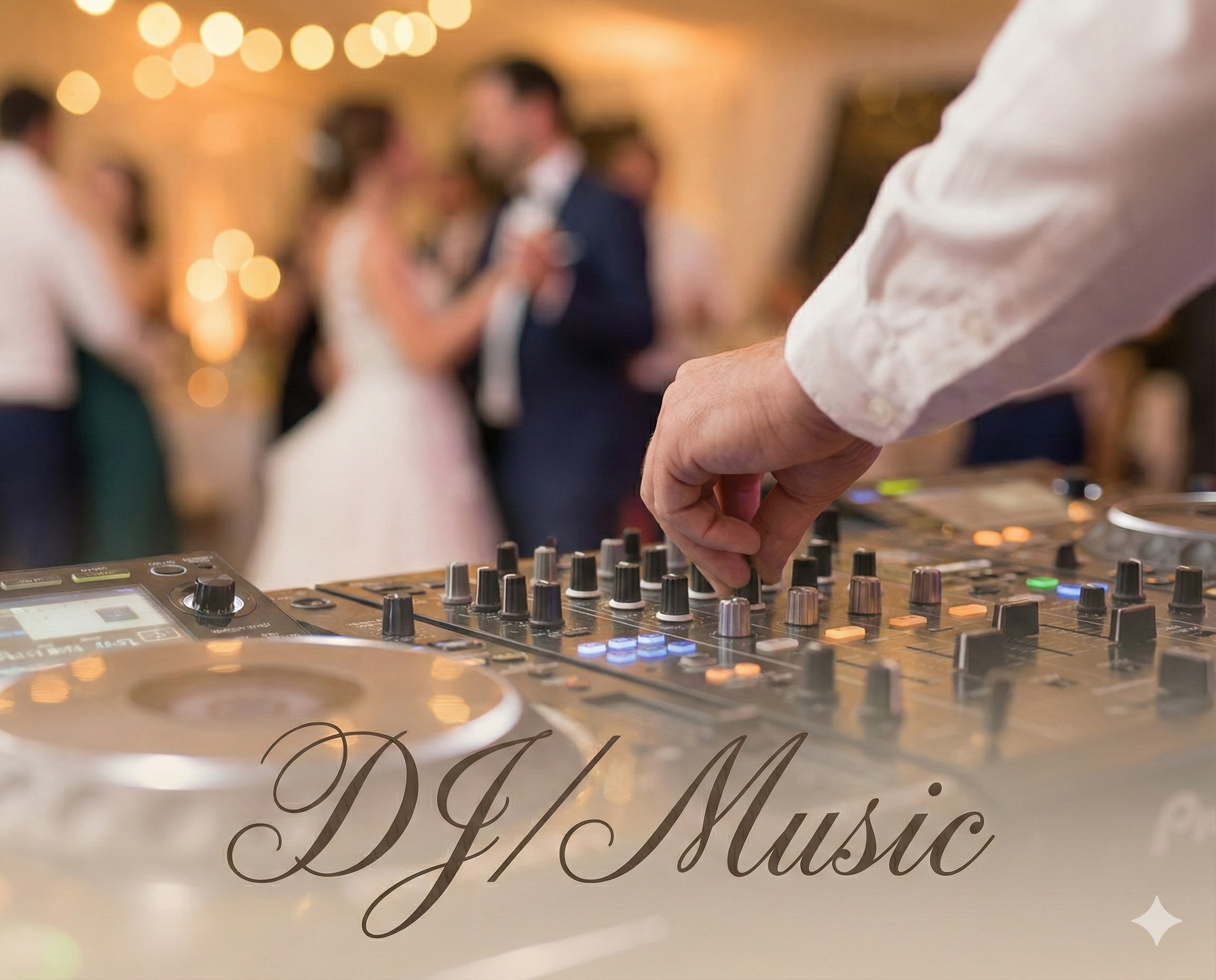 Wedding DJ mixing music at a lively reception, signifying professional wedding entertainment and MC services in [Your City/Region], with text overlay reading DJ/Music.