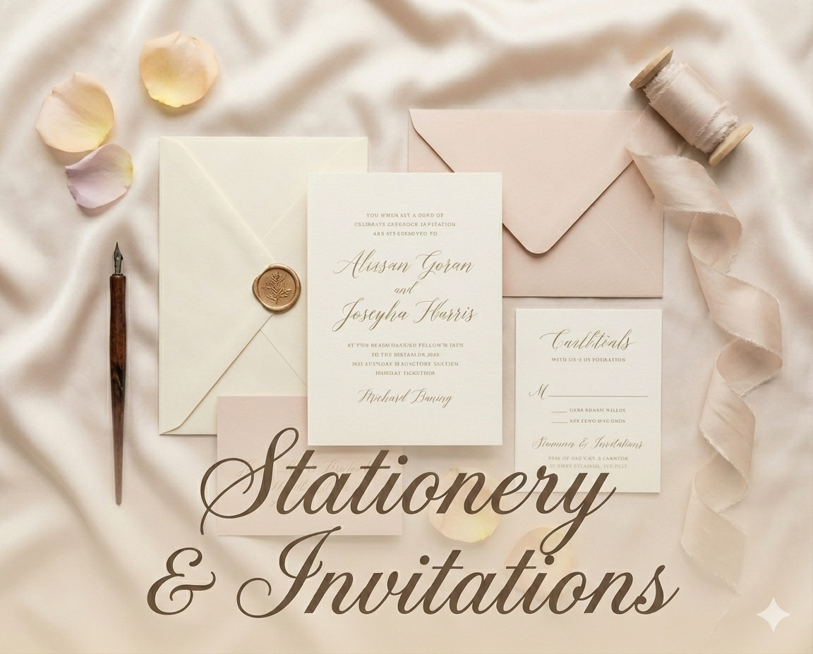 Elegant stationery and wedding invitation suite with cream and blush paper, a wax seal, a vintage dip pen, and rose petals, arranged on a silky fabric background with the words "Stationery & Invitations" overlayed.