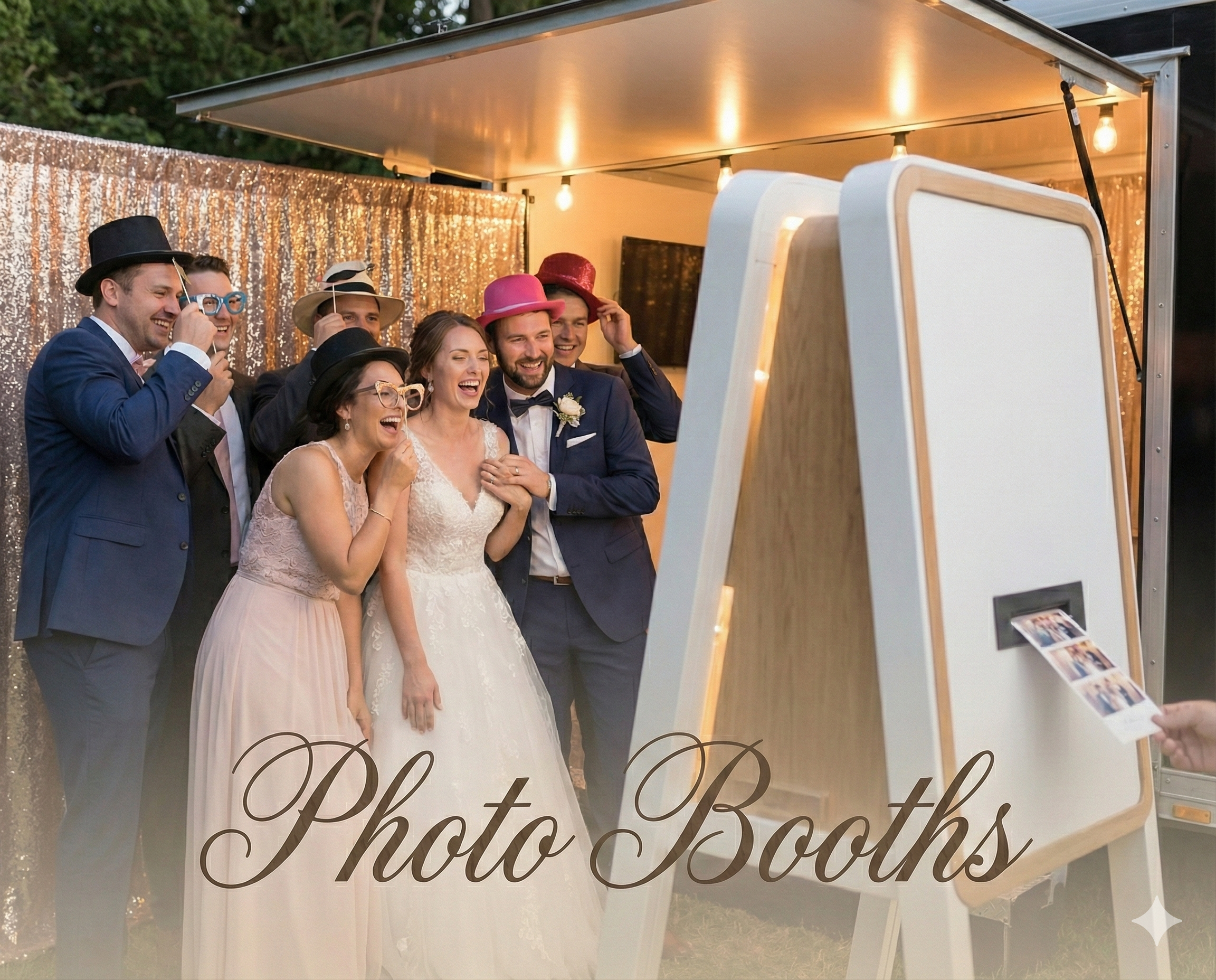 Wedding guests laughing and posing with props in front of an open-air photo booth at a reception, representing wedding photo booth rentals and entertainment in [Your City/Region], with text overlay reading Photo Booths