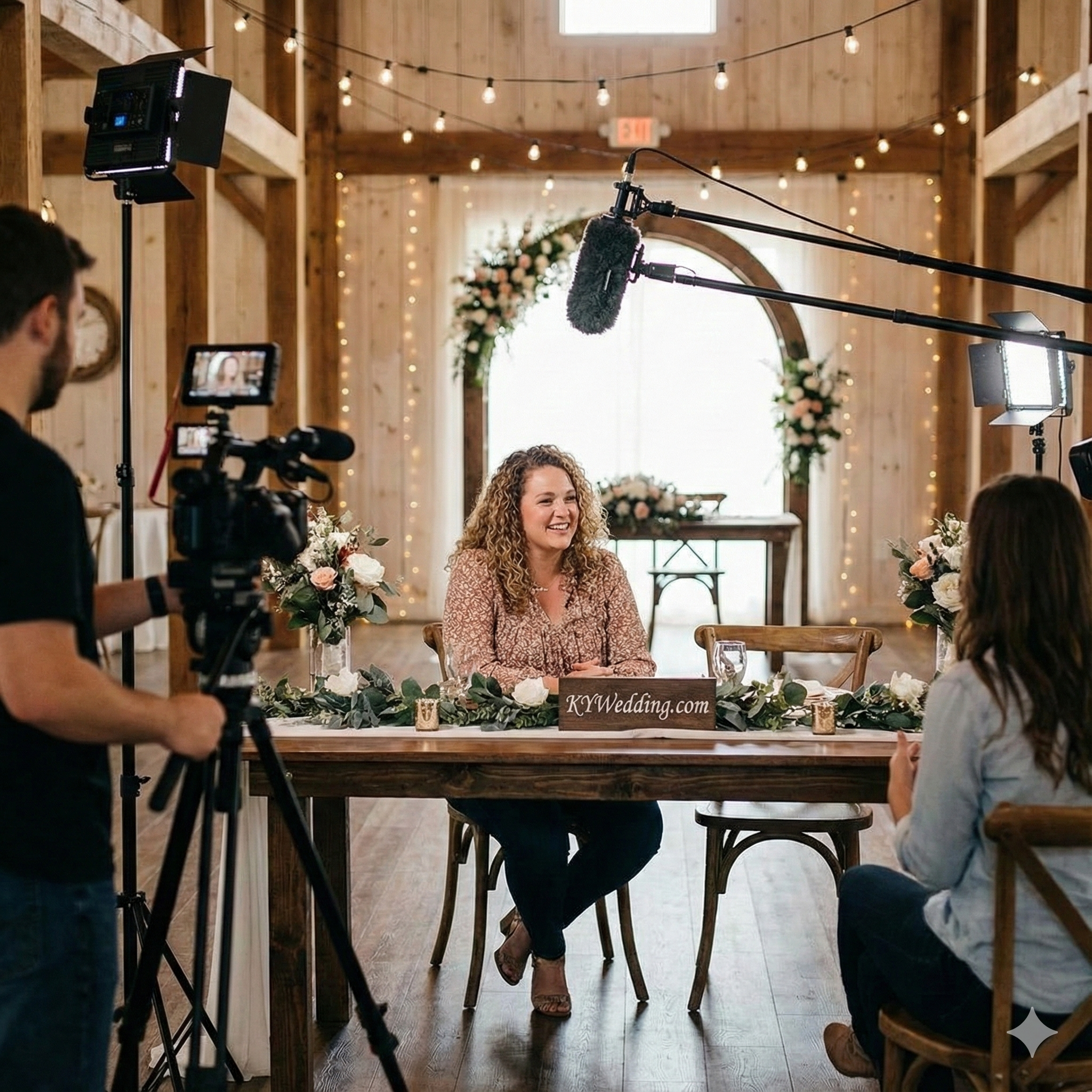 A behind-the-scenes look at a professional video production session inside a Kentucky wedding venue. A venue owner is seated comfortably at a decorated table, engaging in an on-camera interview to share their expertise and personality.