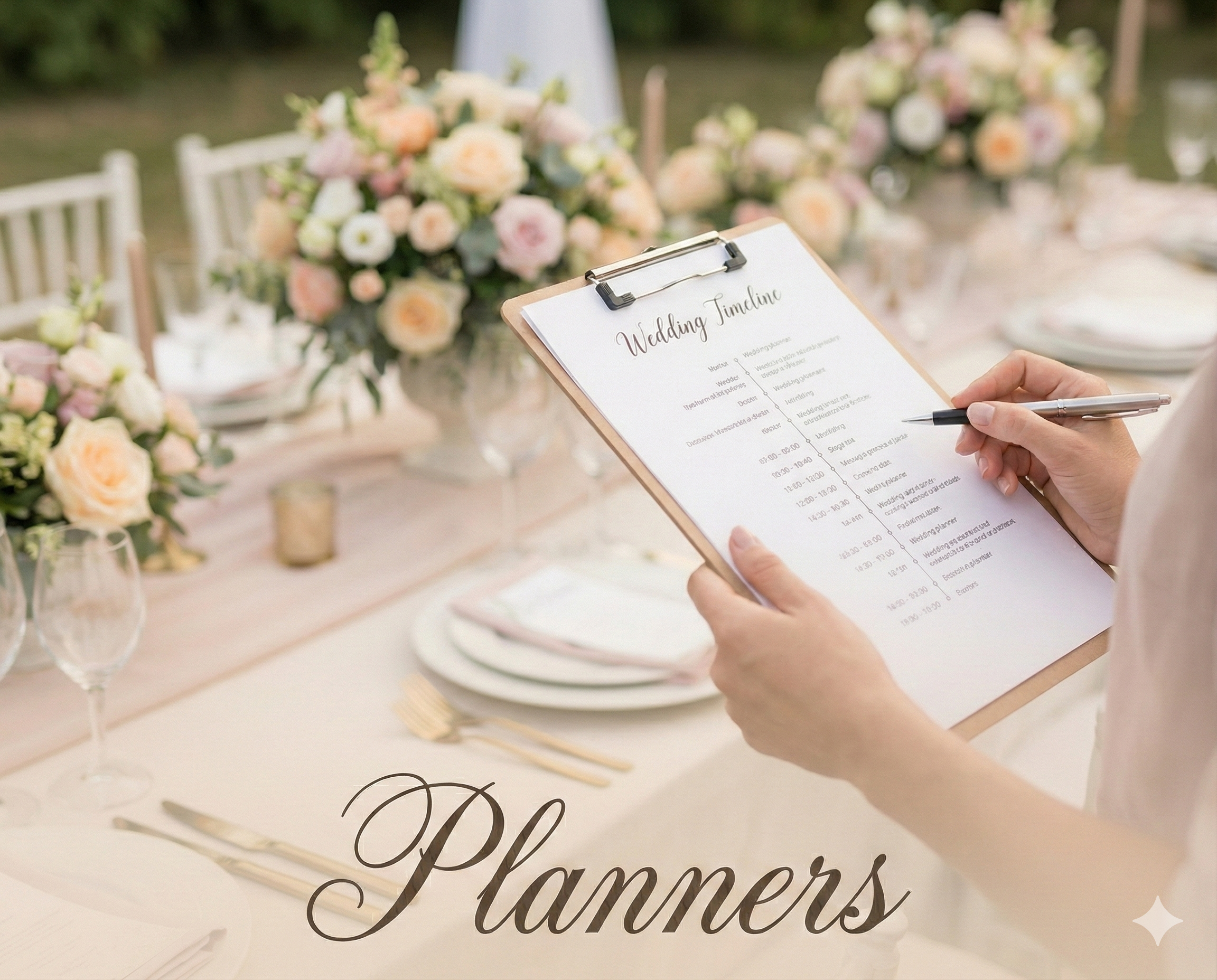Professional wedding planner reviewing a checklist and timeline, signifying expert day-of coordination and event planning in [Your City/Region], with text overlay reading Planners.