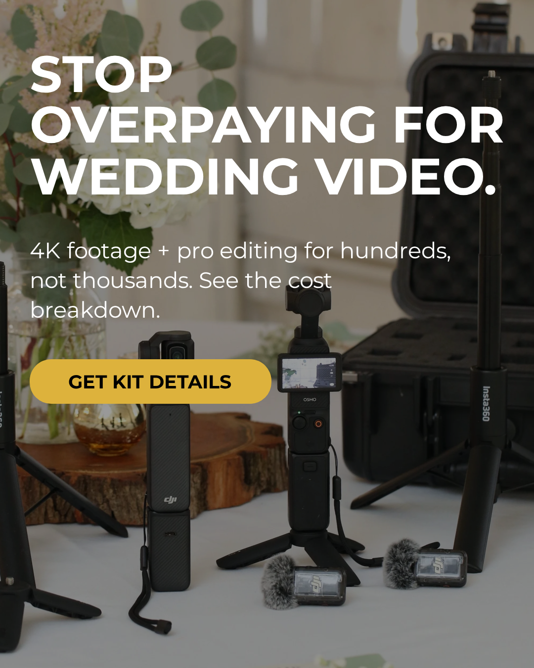 Displays the cameras and microphones used in a My Replay Kit. A unique take on wedding films where "Filmed by Friends and Family" was created.