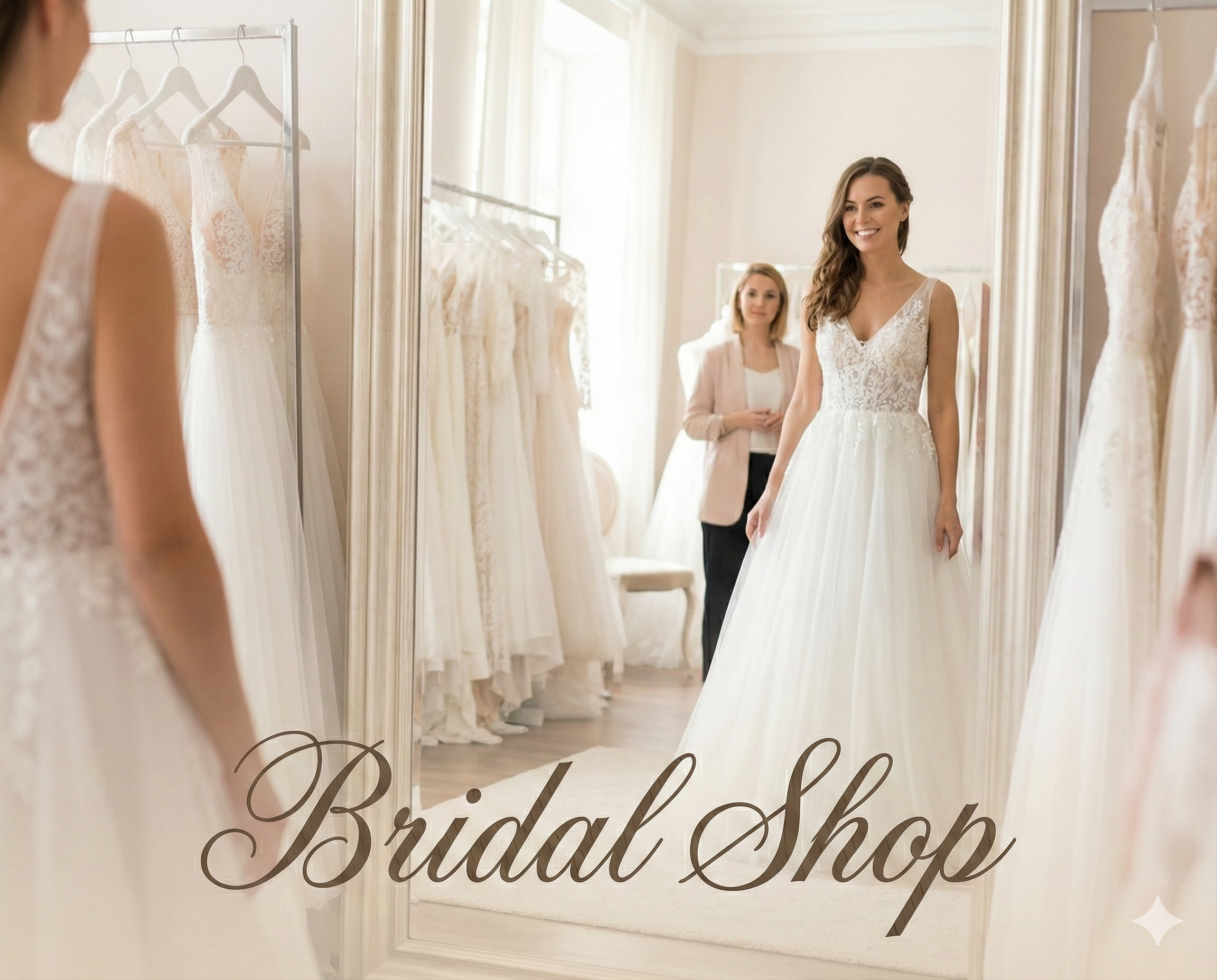 A woman trying on a wedding dress in a bridal shop, looking at herself in a mirror with a smile, with another woman in the background.