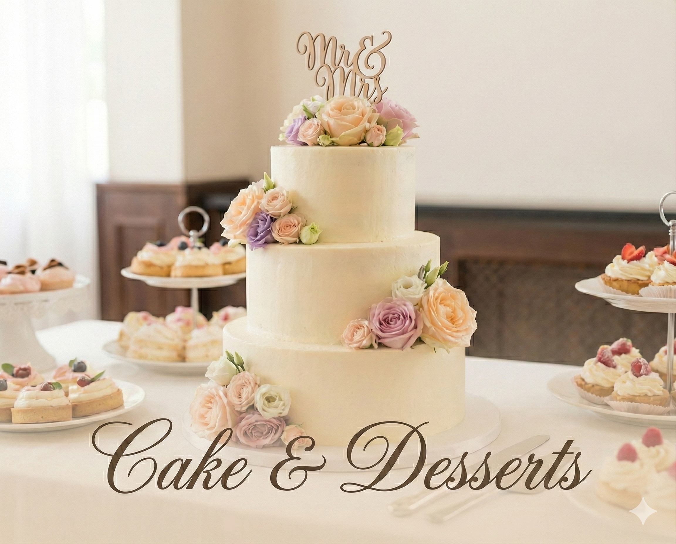A three-tier wedding cake decorated with pastel-colored roses and flowers, topped with a Mr & Mrs cake topper, surrounded by assorted desserts on a table.