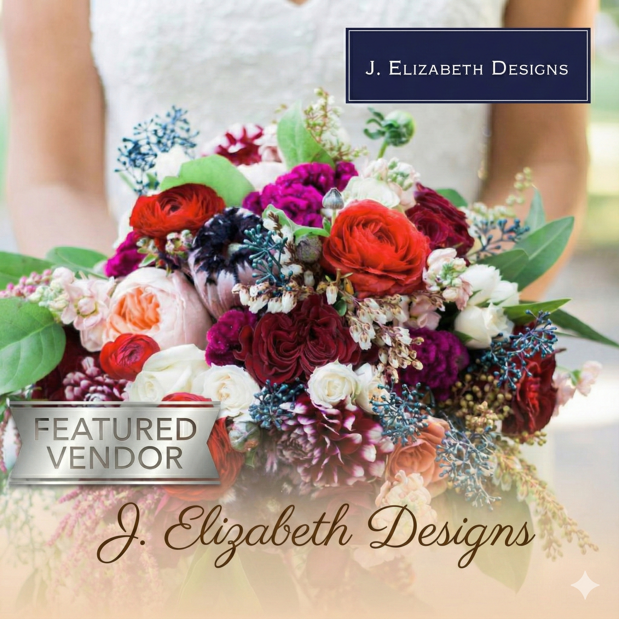 Featured Vendor graphic for J. Elizabeth Designs, representing Kentucky wedding florists. The image shows a bride holding a large, vibrant wedding bouquet filled with red, purple, and white flowers.