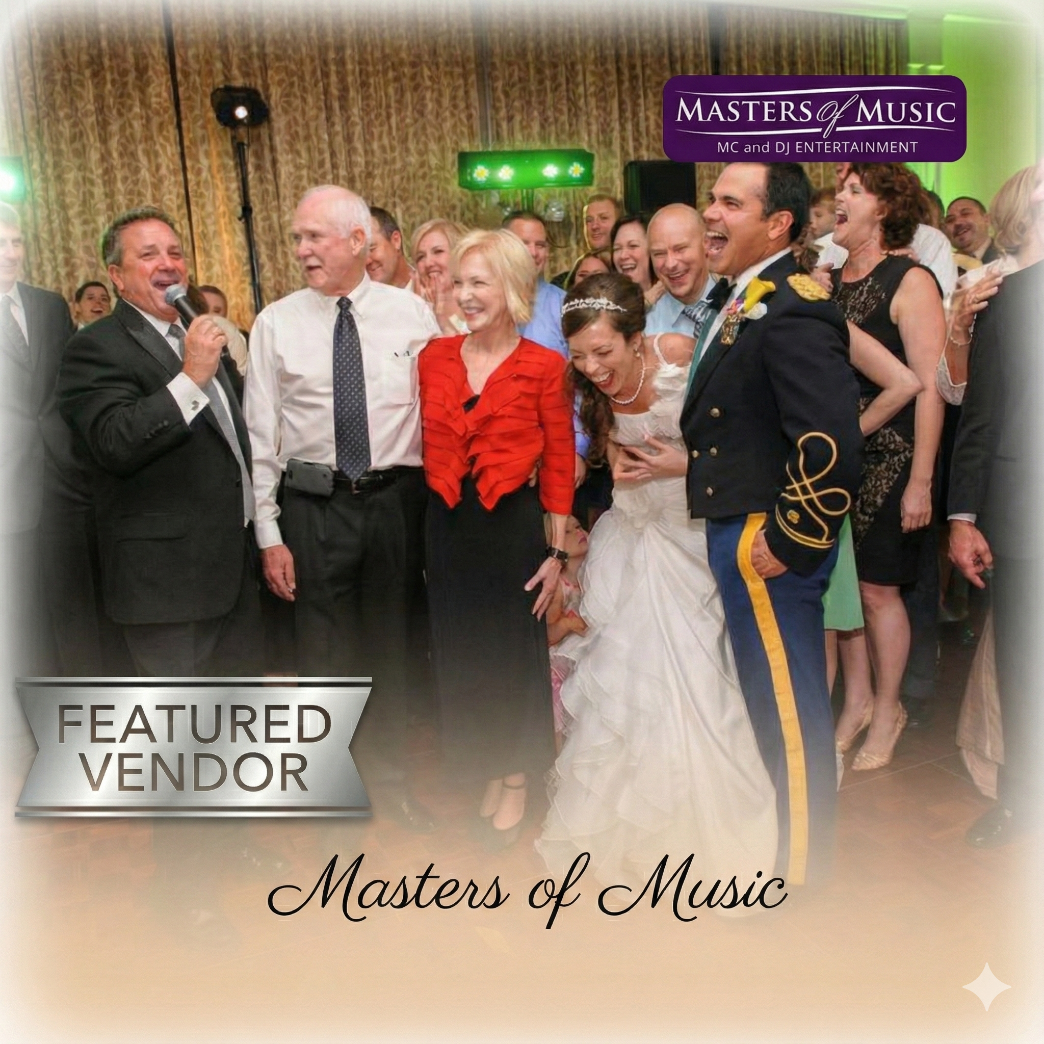 Featured Vendor graphic for Masters of Music MC and DJ Entertainment representing Kentucky wedding DJs. The image depicts a lively reception scene with an MC using a microphone, standing with a laughing bride and groom.
