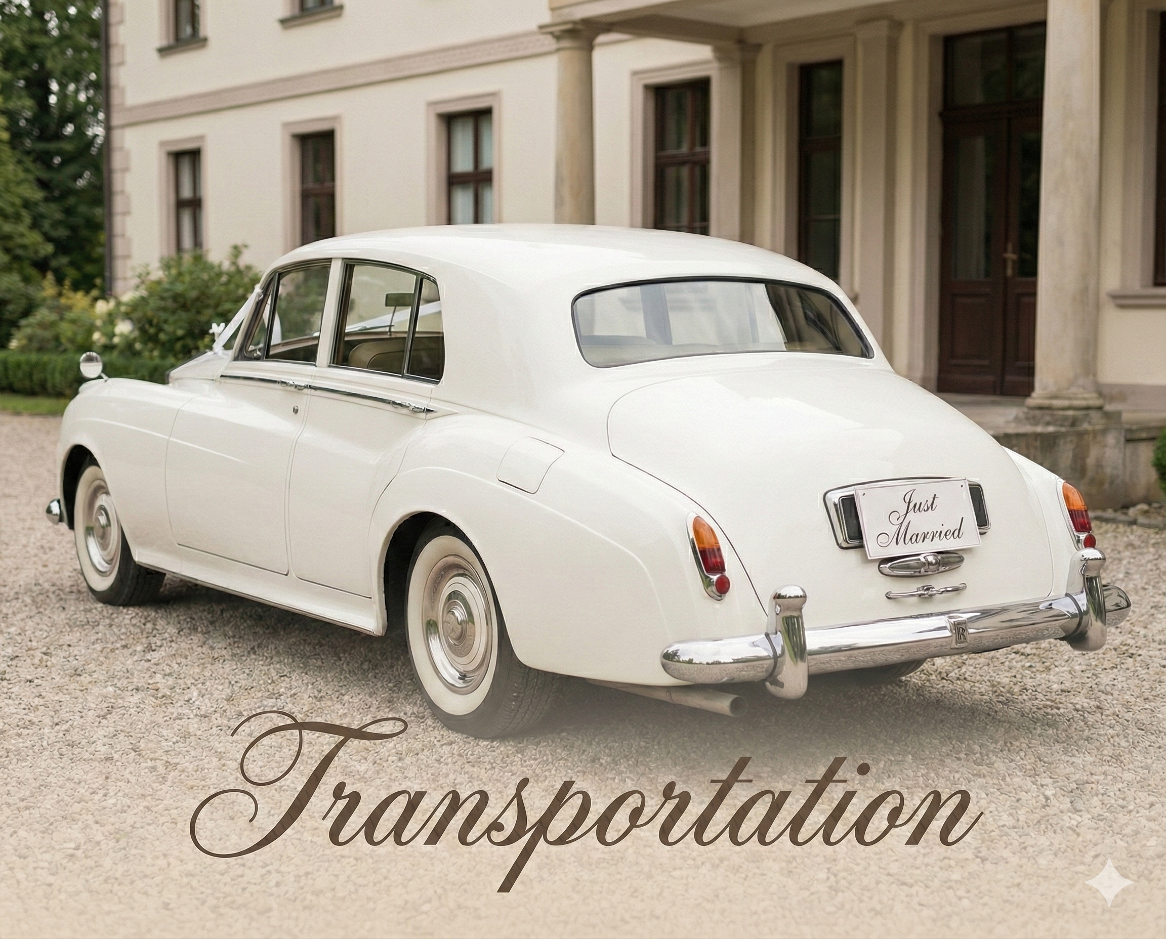 Classic vintage white wedding car with a "Just Married" sign parked in front of a venue, signifying luxury wedding transportation services in [Your City/Region], with text overlay reading Transportation
