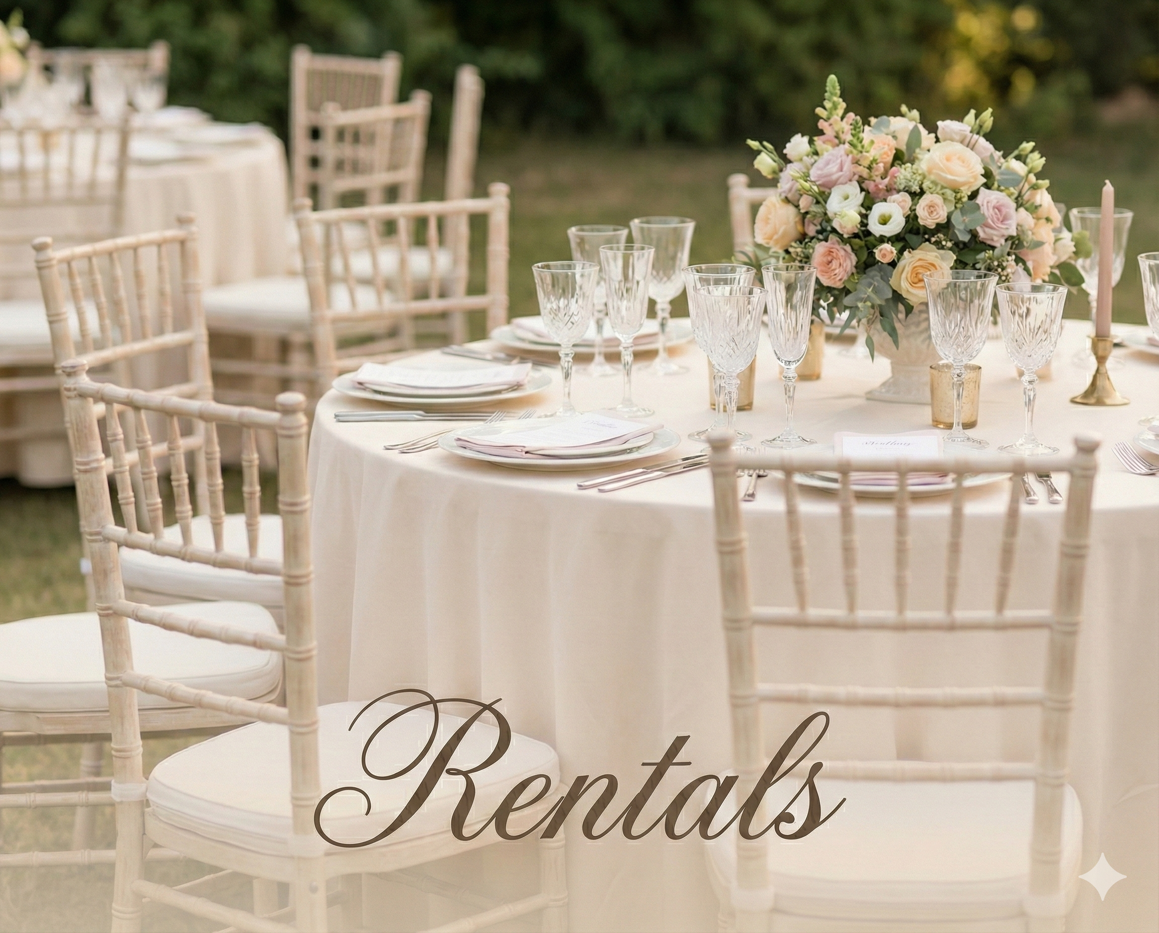 Elegantly set outdoor wedding reception table with Chiavari chairs, linens, and tableware, signifying event rental companies for weddings in [Your City/Region], with text overlay reading Rentals