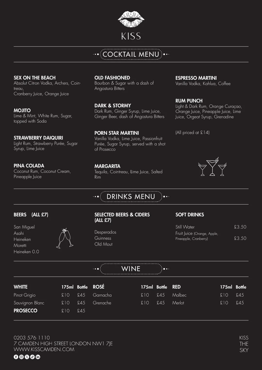Cocktail menu from Kiss restaurant featuring drinks such as Sex on the Beach, Mojito, Strawberry Daiquiri, Pina Colada, Old Fashioned, Dark & Stormy, Porn Star Martini, Margarita, Espresso Martini, Rum Punch, and prices for beers, soft drinks, and wine.