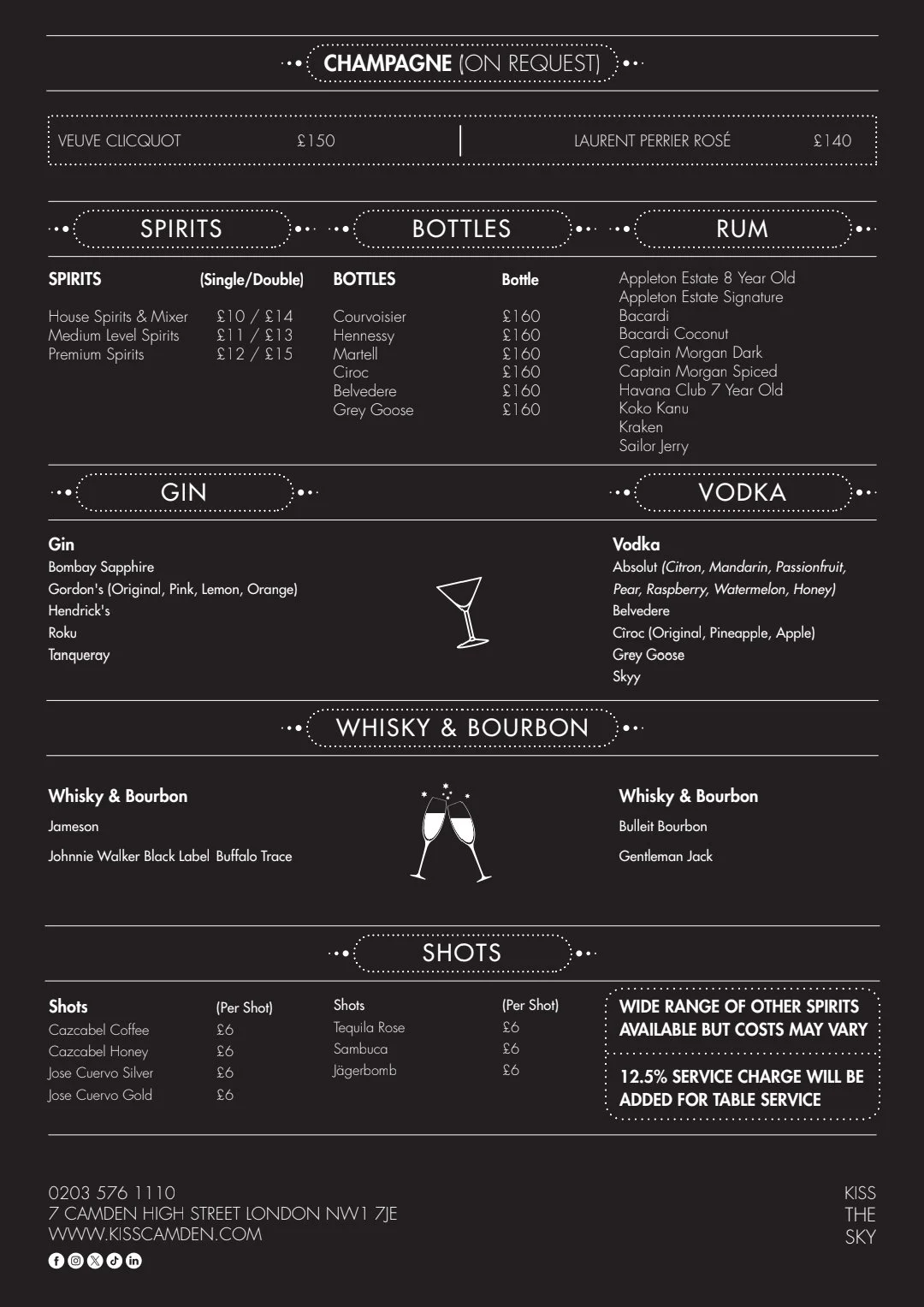 A drink menu featuring champagne, spirits, bottles, rum, gin, vodka, whiskey, bourbon, and shots with prices. Also includes contact information for a bar located in London.