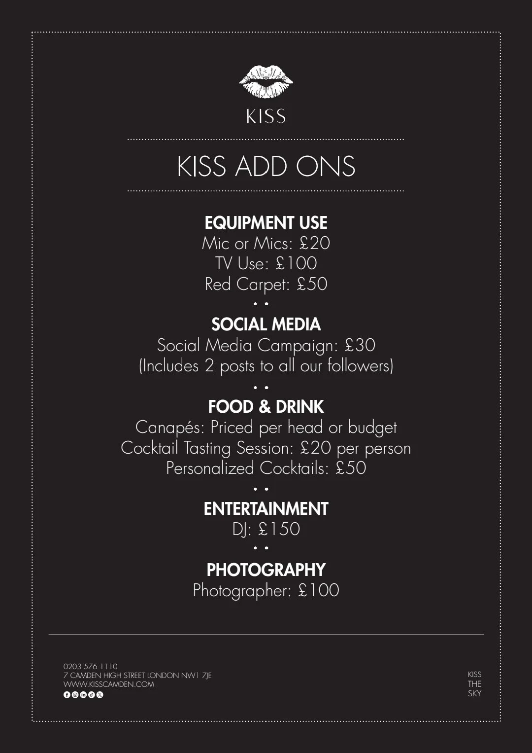 A black sign with white text listing pricing for various entertainment and social media services, including equipment use, social media campaigns, food and drinks, entertainment, and photography, with a graphic of lips at the top.