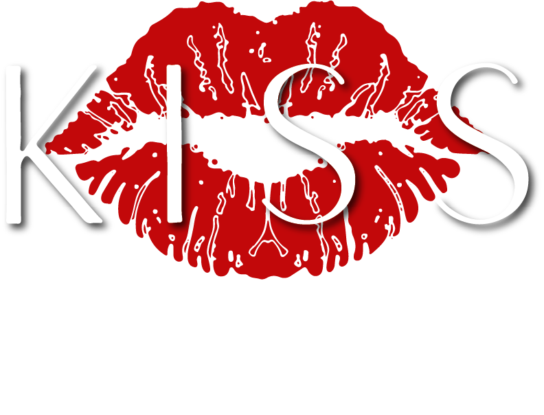 Close-up of a sign with the word 'KISS' in large white letters on a red and black background.