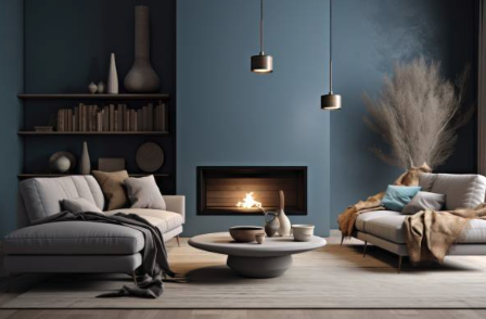 Modern living room with blue walls, two sofas, fireplace, round coffee table, and decorative vases.