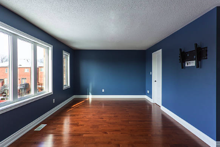 Empty room with blue walls, hardwood floor, large windows, and a TV mount on the wall for Roofing and painting in Bucks County