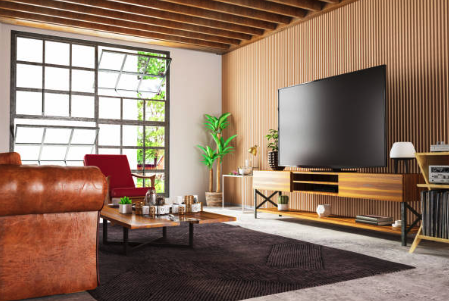 Modern living room with large TV, brown sofa, red chair, wooden coffee table, and indoor plants. Roofing and painting in Bucks County