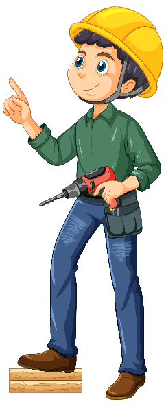 Cartoon construction worker holding a drill and pointing