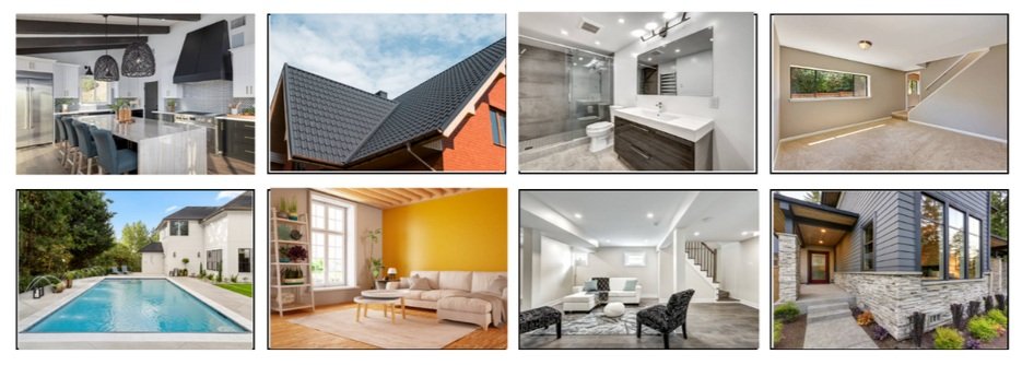 Collage of modern home interiors and exteriors, including a kitchen, roof, bathroom, staircase, swimming pool, living room, basement, and house entrance.