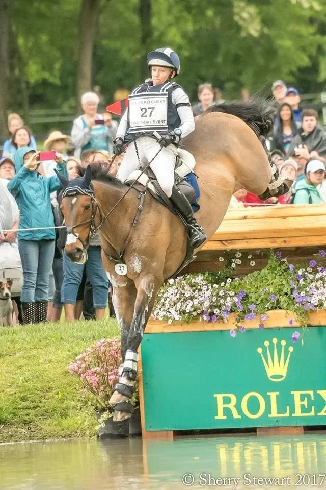 A rider and horse jumping into a water obstacle during an equestrian event, with spectators watching in the background.