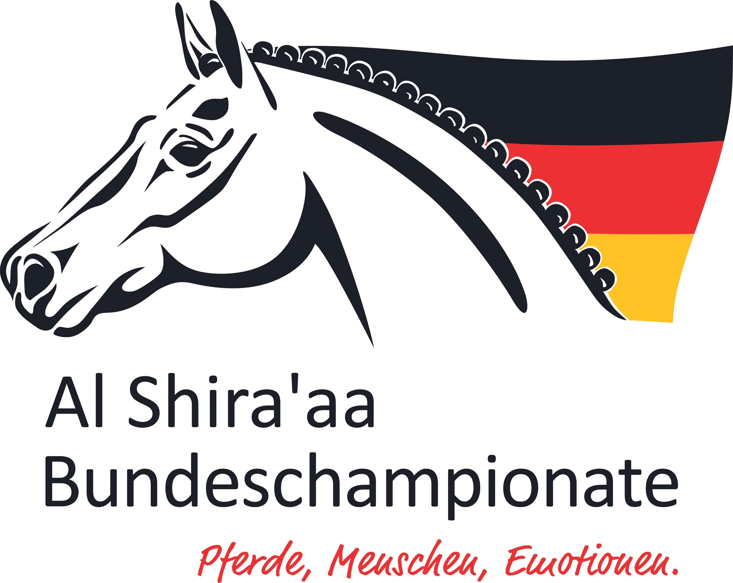 A stylized horse head with a black mane, integrated with the German flag colors, and the text 'Al Shira'a Bundeschampionate' below it, followed by the phrase 'Pferde, Menschen, Eurowuen' in red italics.