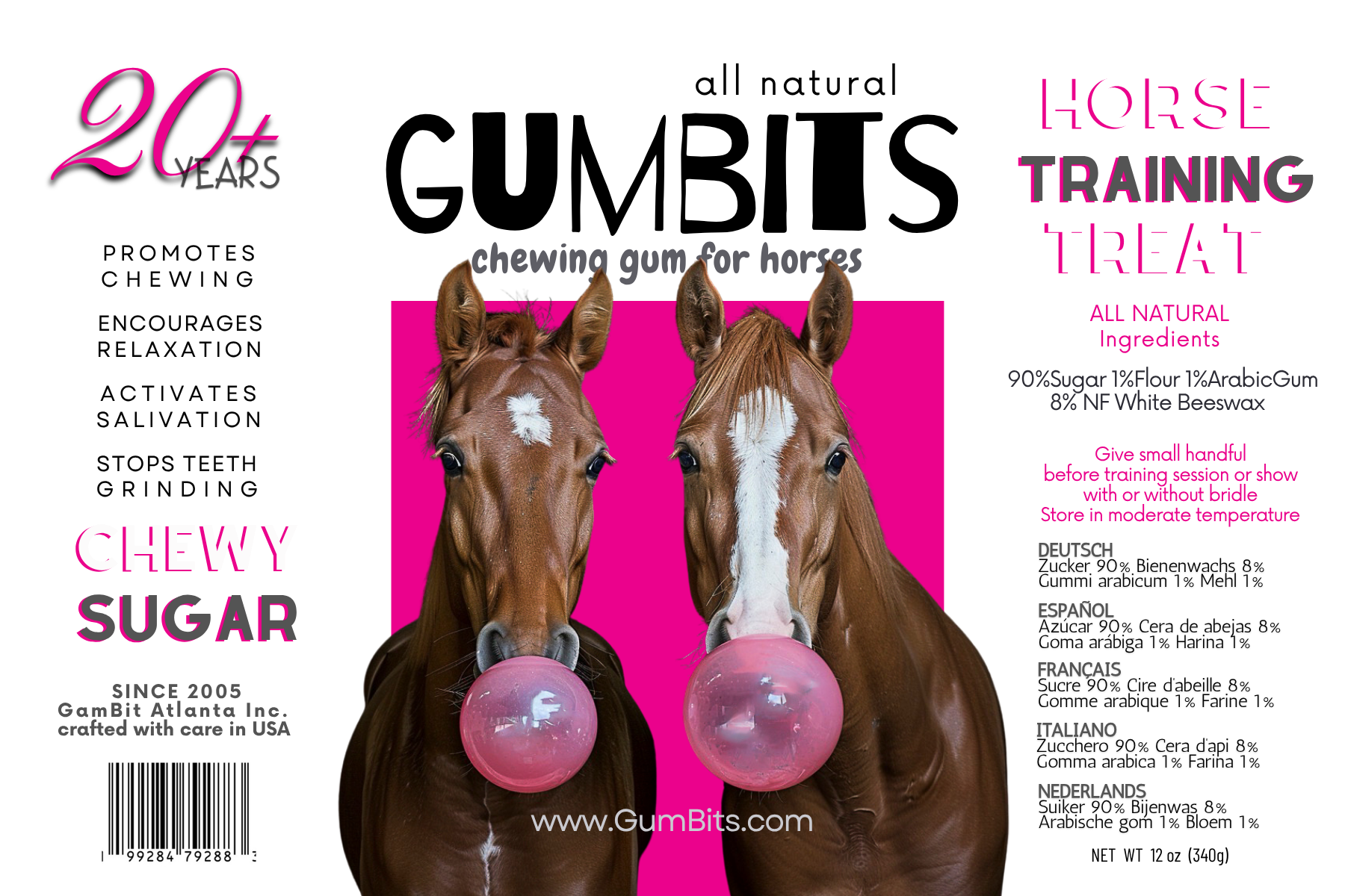 Two horses with brown coats and white markings on their foreheads, each holding a pink chewing gum bubble in their mouths, on a pink background.