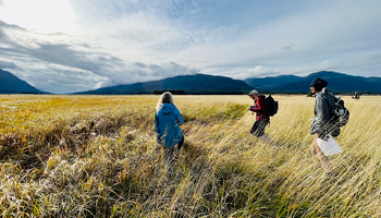 Three people walking through a grassy field with mountains and cloudy sky in the background.
