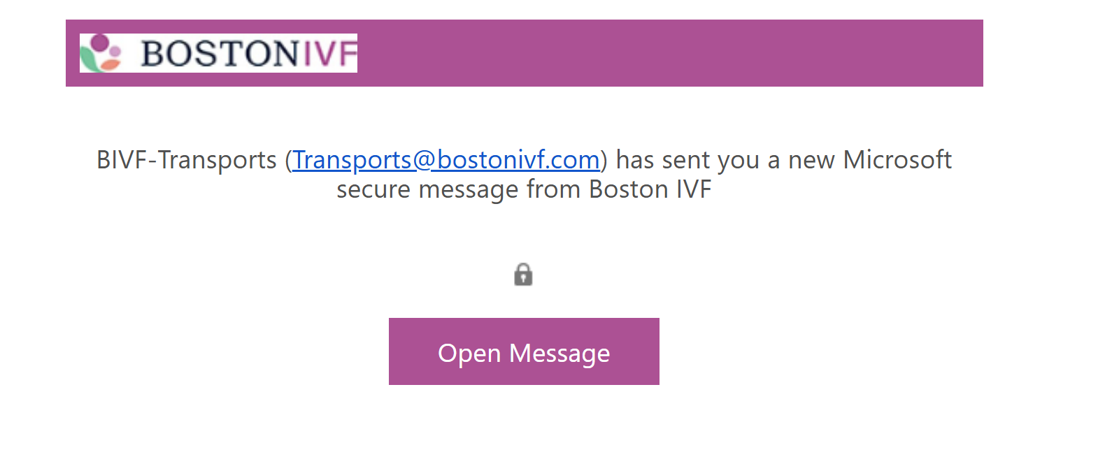 Secure message from Boston IVF transport department outlining steps for transferring frozen embryos to a long-term cryogenic storage facility in Massachusetts.