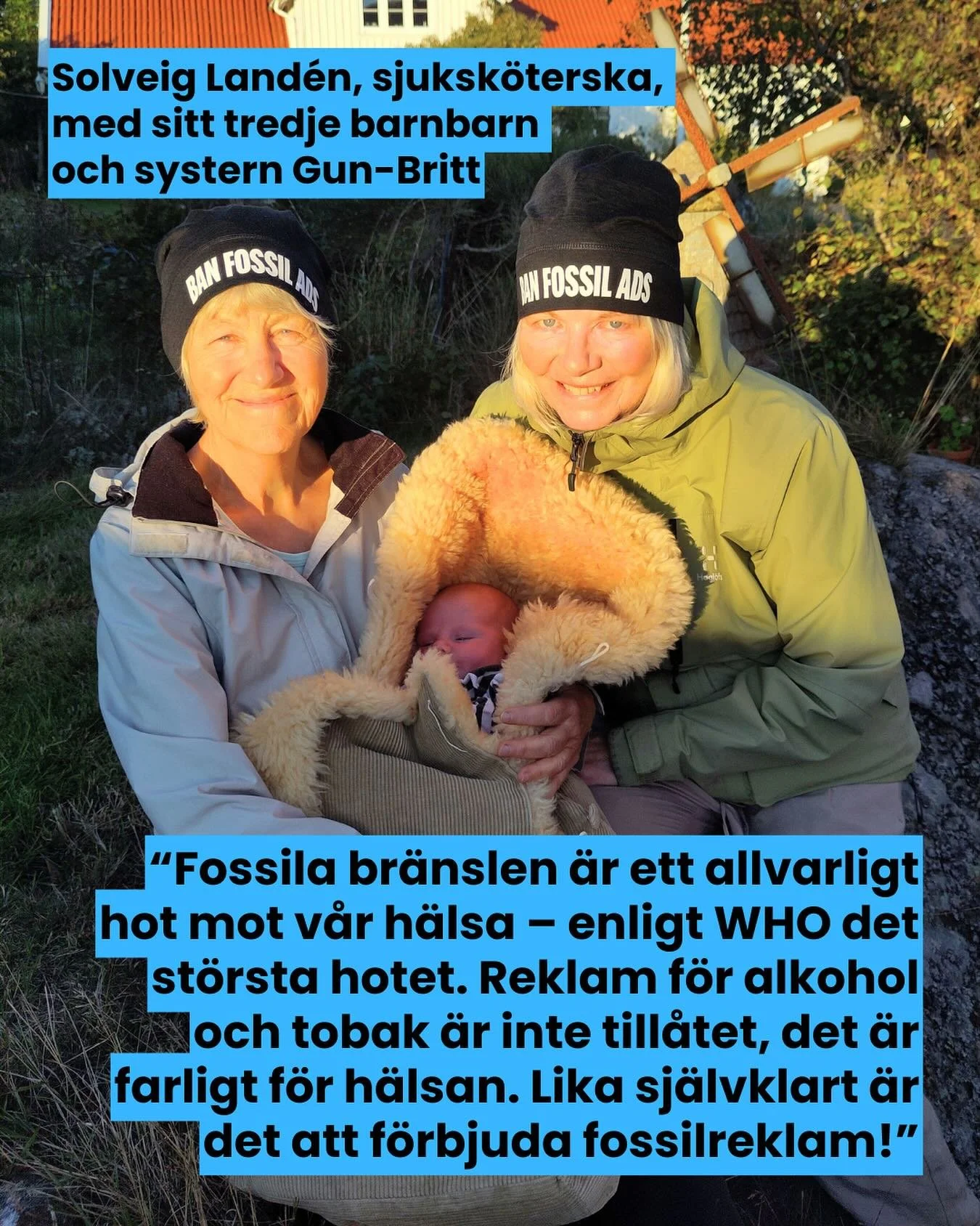Solveig Land&eacute;n, sjuksk&ouml;terska som &auml;r aktiv i @rebellmammornasverige och @hsxrswe (H&auml;lso-och Sjukv&aring;rdpersonal f&ouml;r Extinction Rebellion) och systern Gun-Britt sitter med #banfossilads m&ouml;ssorna p&aring; i Solveigs t
