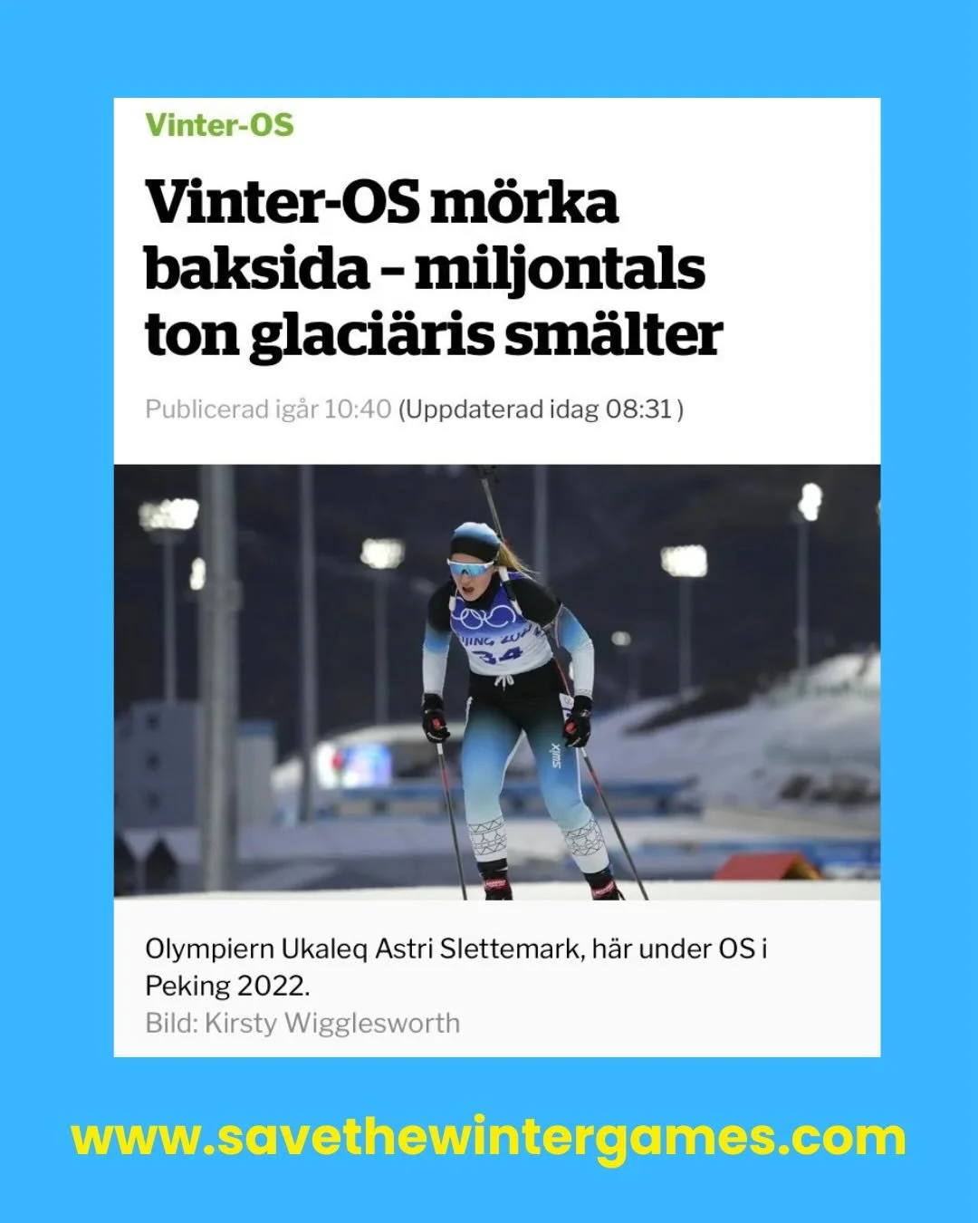 @dagensetc skriver om v&aring;r rapport &rdquo;Olympics Torched&rdquo;. Koldioxidutsl&auml;ppen fr&aring;n vinter-OS bidrar till omfattande f&ouml;rlust av sn&ouml; och glaci&auml;ris. Stort tack till modiga OS-atleten @ukaleqastri som tar st&auml;ll