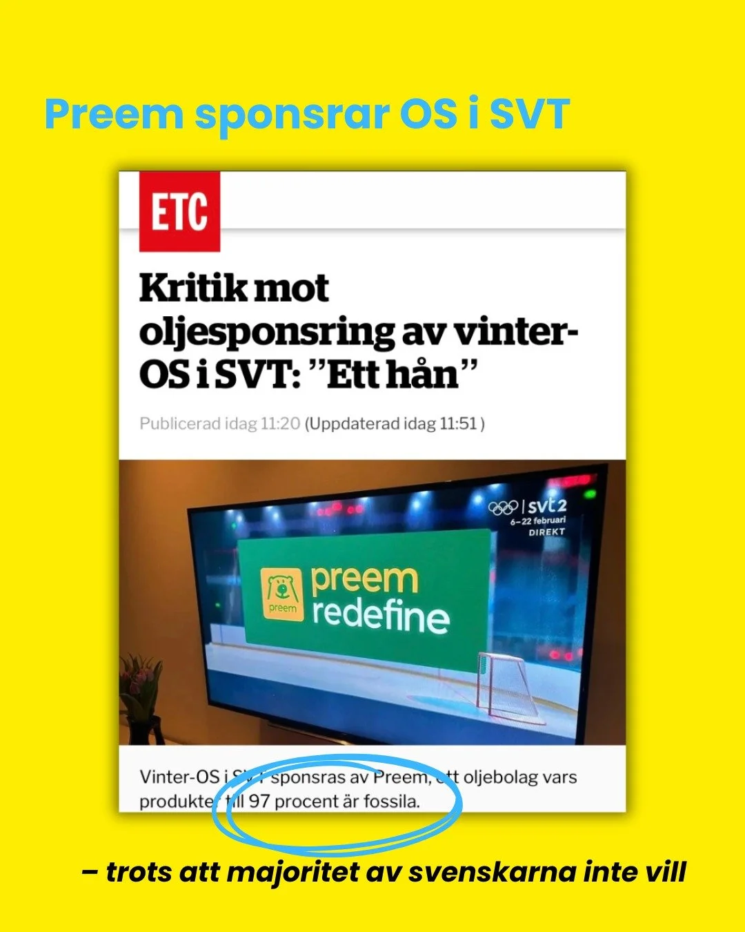 @dagensetc idag om att Preem sponsrar vinter-OS i @svt .

Detta trots att v&aring;r f&auml;rska Novus-unders&ouml;kning visar att en majoritet av svenskarna inte vill att fossilbolag ska sponsra vintersport 🫠 (svajpa till bild 2)

Ja, Preem &auml;r 