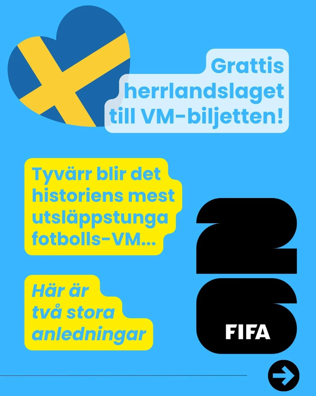 Vi gratulerar herrlandslaget i fotboll till VM-biljetten! 🇸🇪

Tyv&auml;rr blir det historiens mest utsl&auml;ppstunga fotbolls-VM. De tv&aring; st&ouml;rsta anledningarna: 

1. Sponsorerna. VM sponsras av v&auml;rldens st&ouml;rsta oljebolag Aramco