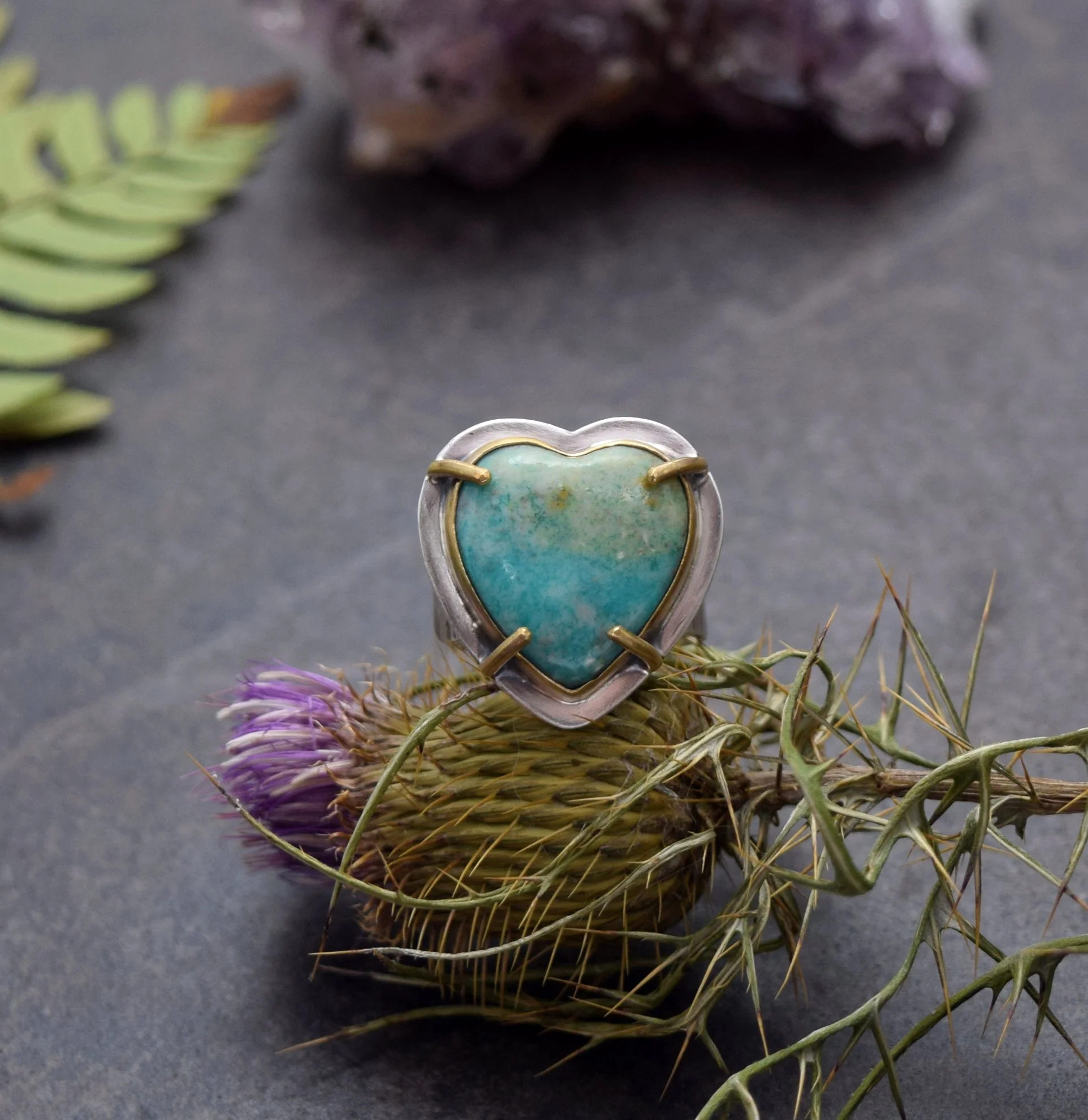Blue Green Heart Kingman Turquoise Sterling Silver Ring with Gold Brass Prongs and Setting