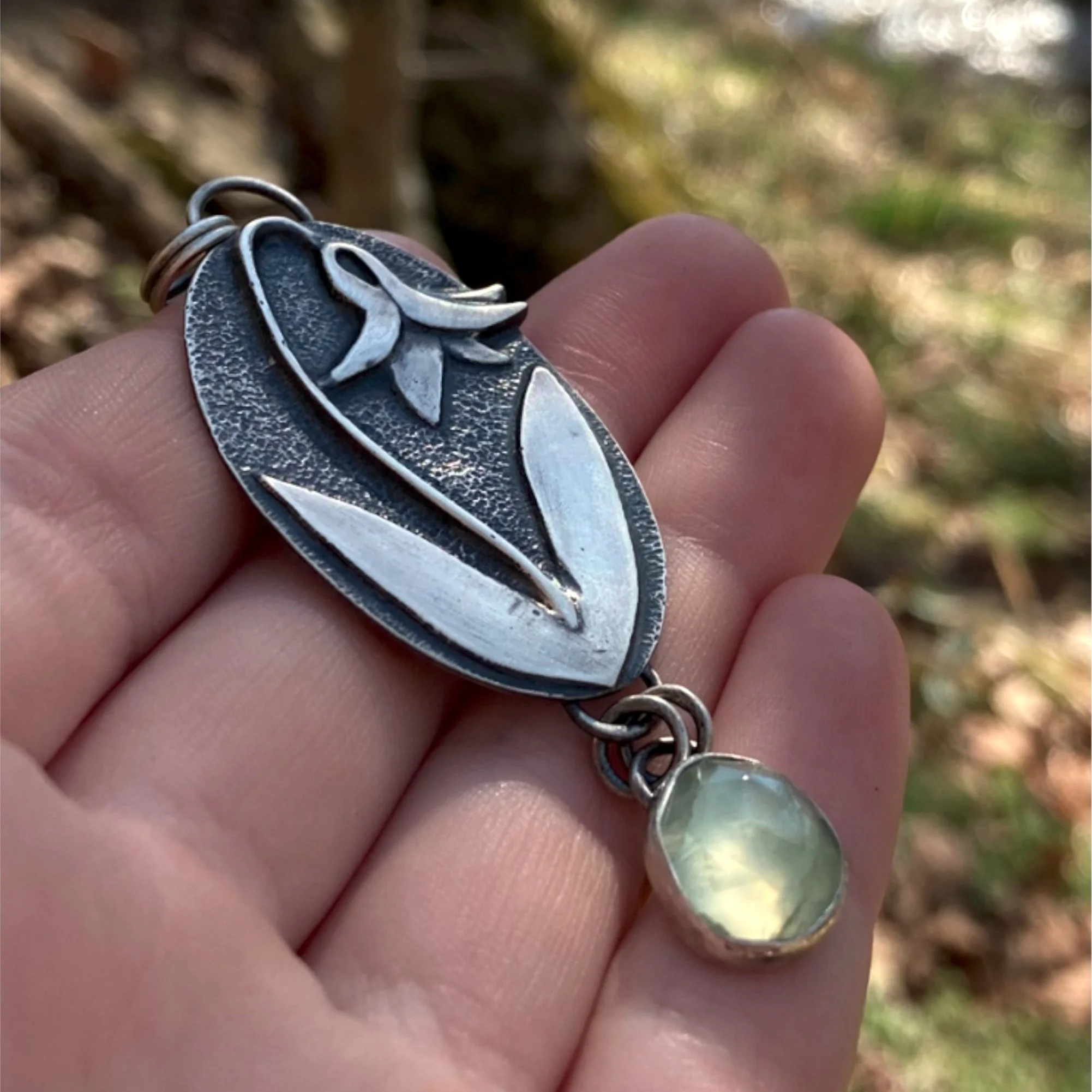 Spring Trout Lily Pendant in Sterling Silver with Prehnite Dangle