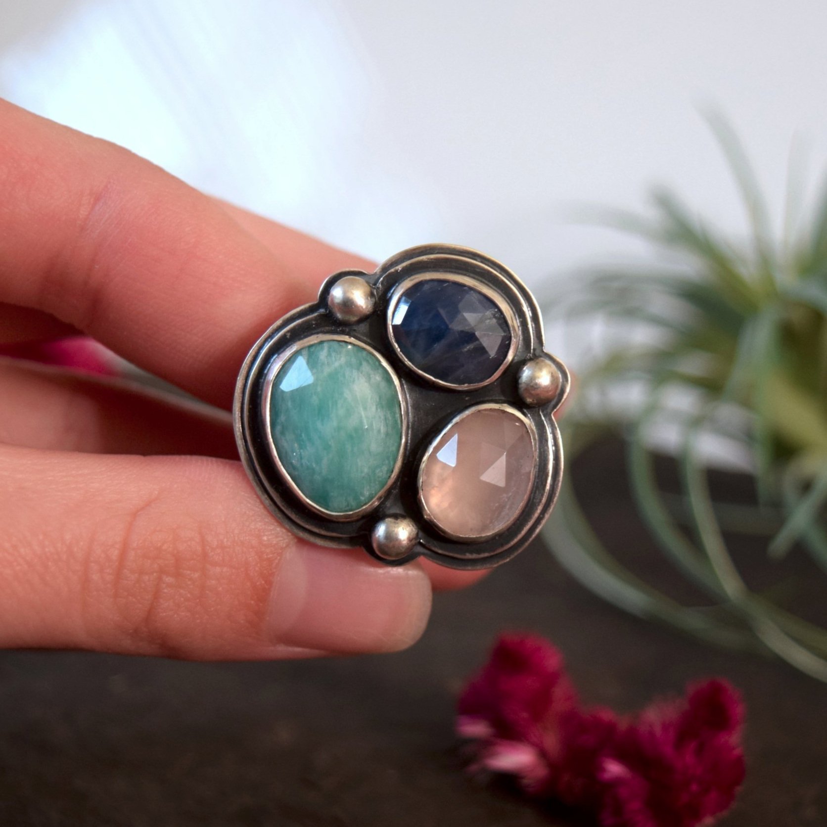 Multi Stone Statement Sterling Silver Ring with Blue Sapphire, Rose Quartz, and Amazonite